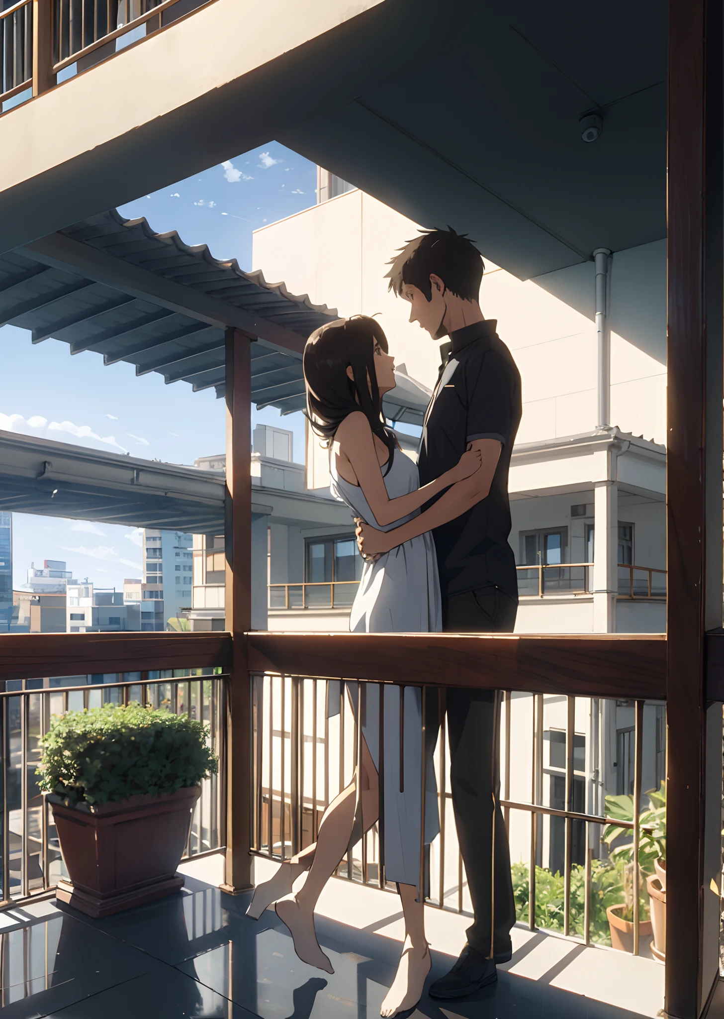 HD image of a balcony in a tall building, 1 man, 1 girl, man standing behind a girl bent forward and grabbing her waist and, naked