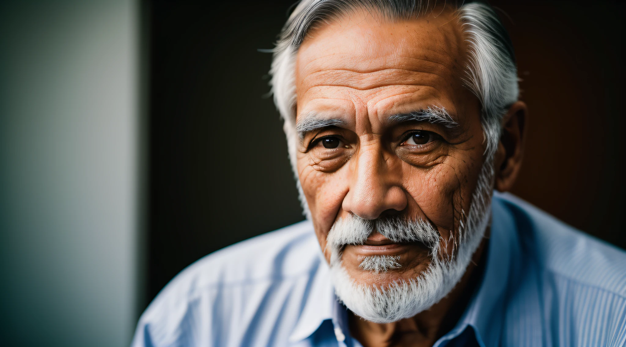 Detailed shot of old man ,60 years, tall, dark hair colour, light skin colour, taken with a Leica M6 and a Leica 75mm F1.25 Noctilux, atmospheric lens.