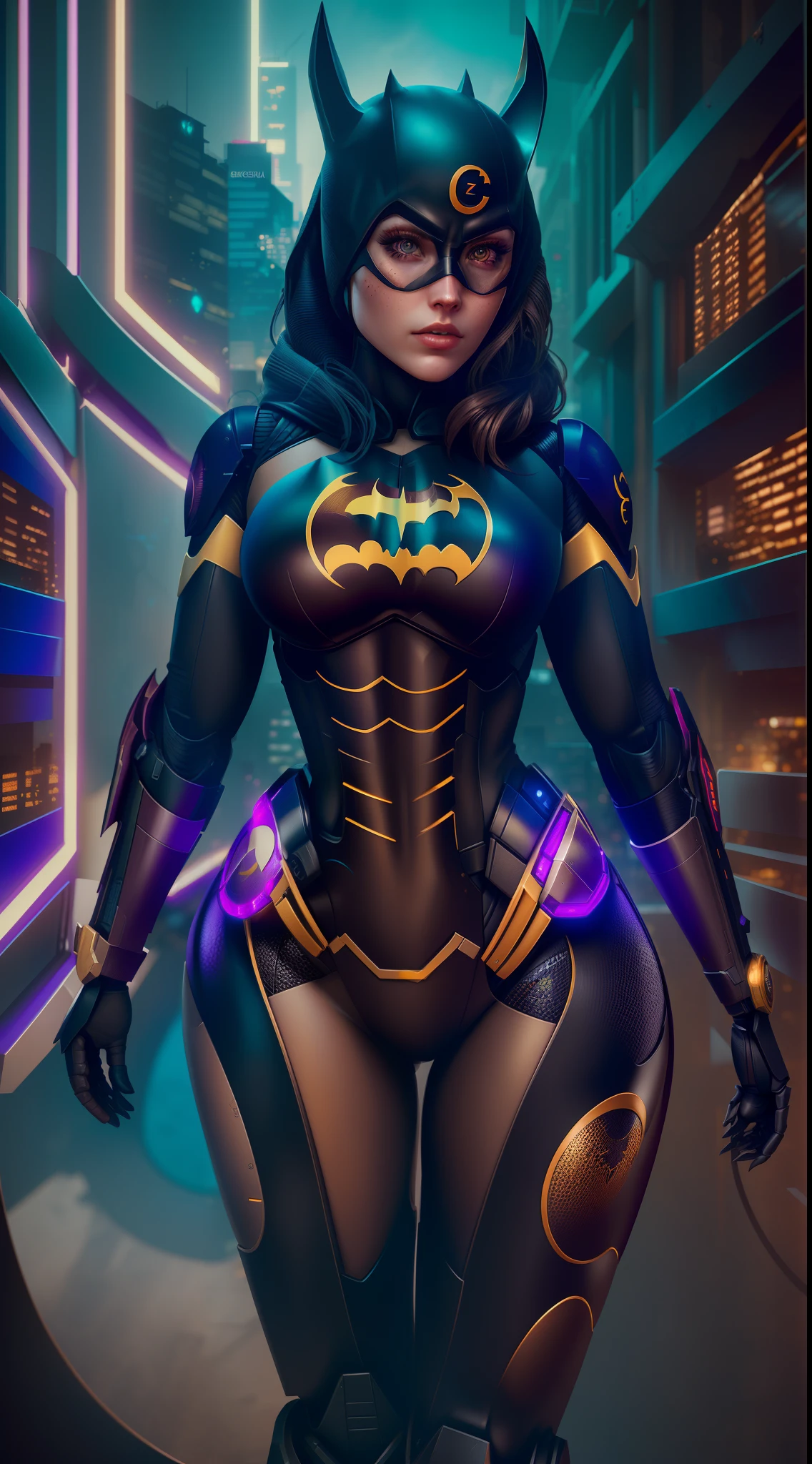 Batgirl from DC photography, biomechanical, complex robot, full growth, hyperrealistic, insane small details, extremely clean lines, cyberpunk aesthetic, masterpiece featured on Zbrush Central