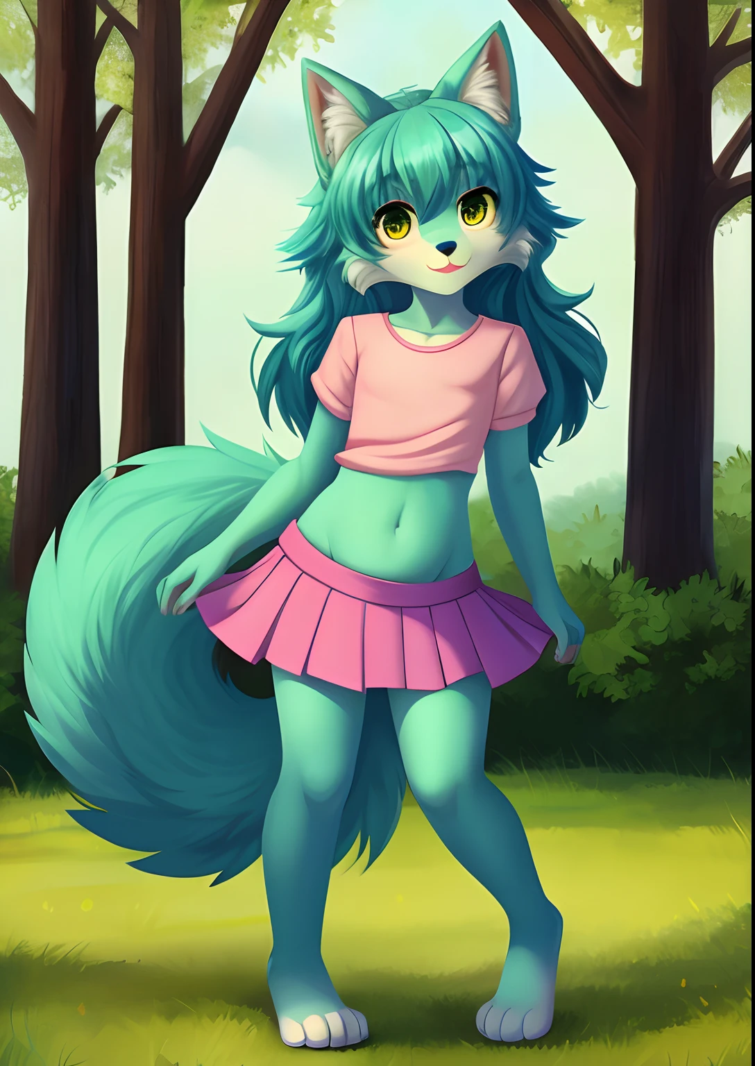 full body portrait of a masterpiece, high quality best quality, a (anthro:1.0) (loli:0.8) (cub:1.2) (wolf girl:1.2) with a big head and small body, wearing a pink shirt and blue skirt, cameltoe, paws, lime green fur, fluffy, wolf tail and ears, flat chest, looking at viewer, lifting skirt, presenting panties, white panties, featureless crotch, tufts of fur, featureless chest,