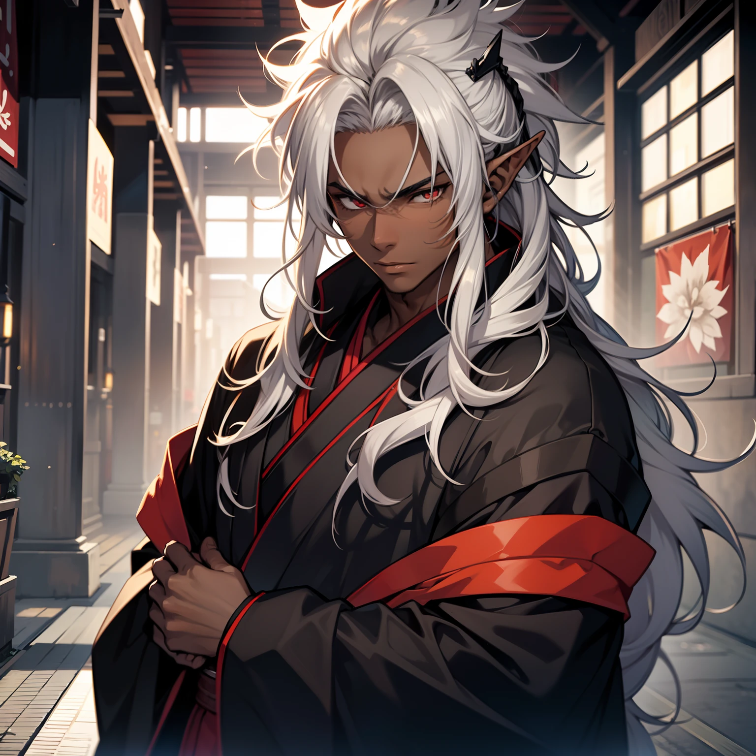 (1 boy), (teenager), (solo), white hair, messy hair, long hair, (dark skin), strong body, black kimono, red details in the black kimono, elf ears, ((high quality)), (very detailed)