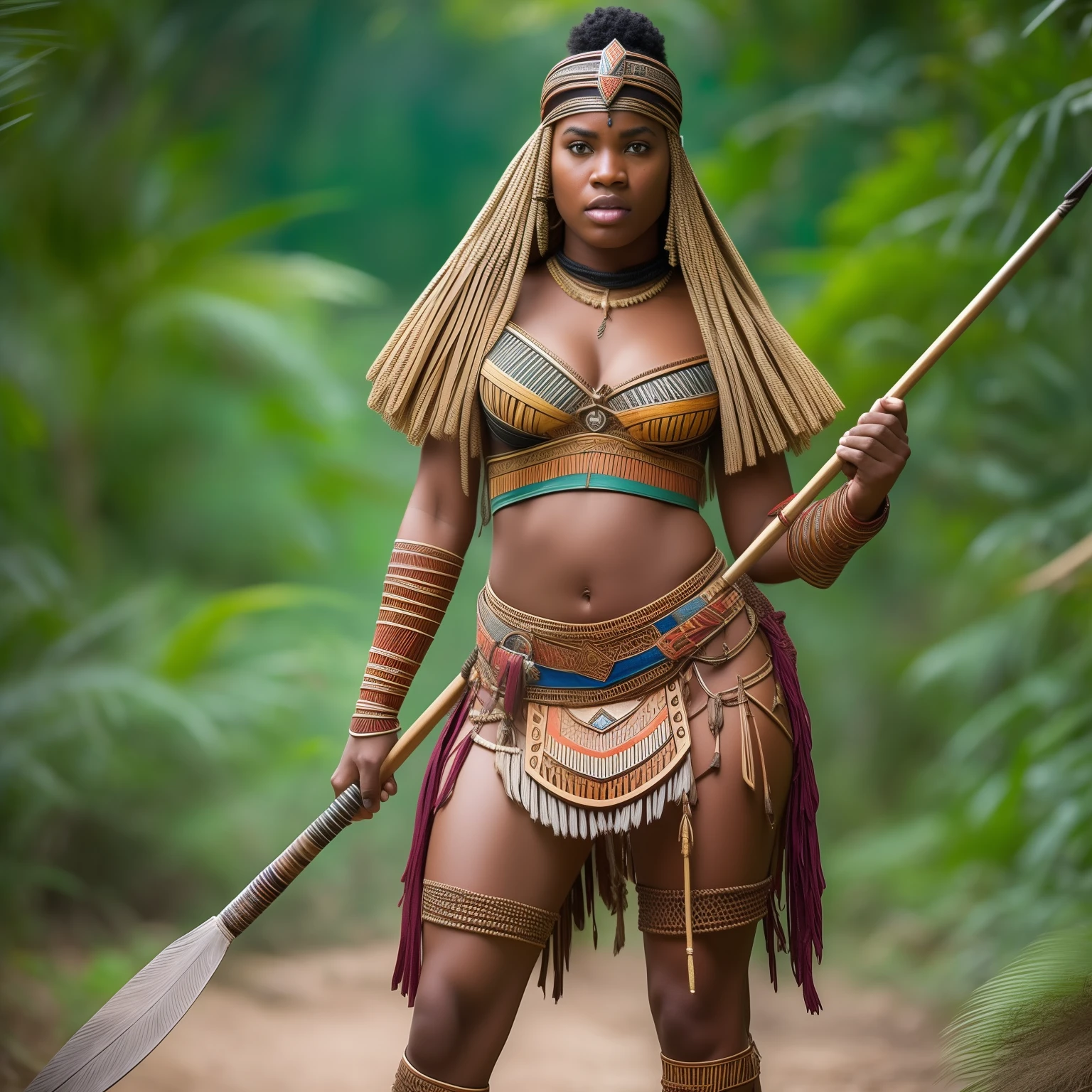 Full body African Zulu woman warrior dressed in characteristic attire carrying a deadly spear, agazapada en la jungla asechando a su presa, gran angular, ultra      detallada, imagen 3 D, 34K resolution, octanaje       renderizado, detalle intricado, Volumetric lighting, efecto vidrio roto. Photo Style 50mm Lens,    apertura F 2.5. Sugerencias: No debe salir: Borroso, 2 cabezas, 2 caras, mala anatomia, malas proporciones, mal arte, mal dibujado, cara mal dibujada, mutado, mutilado, extremidades extras, extremidades perdidas, extremidades, flotantes, extremidades fusionadas, fuera de foco, low res, carton, plastico