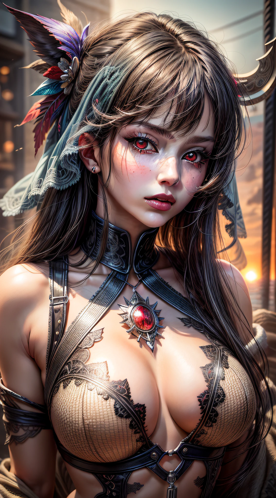 ((masterpiece)), ((best quality)), (ultra detailed), ((extremely detailed)), 1girl, ((red eyes)), detailed eyes, beautiful eyes, black hair, very long loose hair, bangs, shiny hair, skin texture, glowing skin, extremely detailed skin, big breasts, small waist, wearing western gunslinger clothes rigorously and her details including extremely detailed background at sunset.