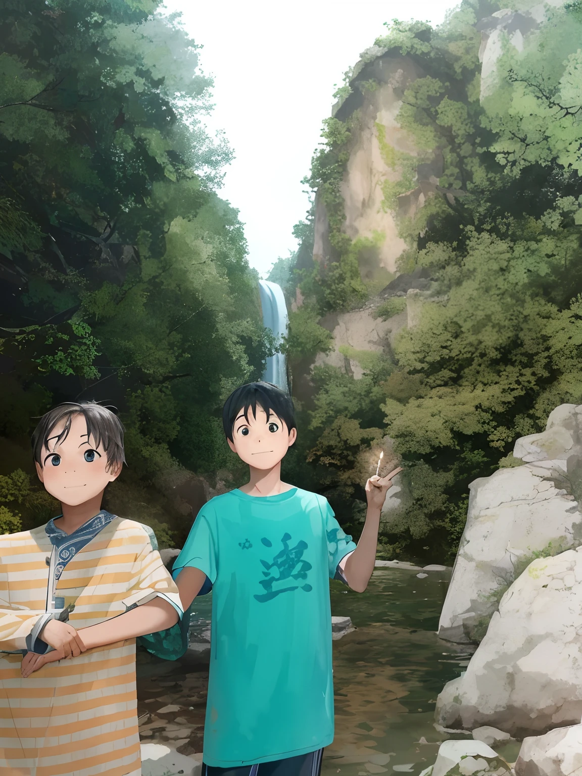 There were two boys standing side by side in the river。, Anime Nature, Xianxia,Ink painting style