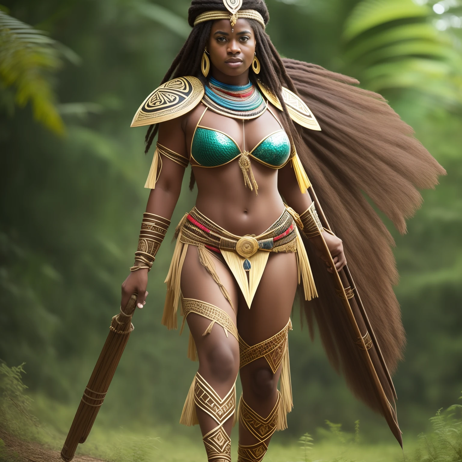 Full body Beautiful African Zulu woman warrior dressed in characteristic attire carrying a deadly spear, agazapada en la jungla asechando a su presa, gran angular, ultra detallada, imagen 3 D, 34K resolution, octanaje renderizado, detalle intricado, Volumetric lighting, efecto vidrio roto. Photo Style 50mm Lens, apertura F 2.5. Sugerencias: No debe salir: Borroso, 2 cabezas, 2 caras, mala anatomia, malas proporciones, mal arte, mal dibujado, cara mal dibujada, mutado, mutilado, extremidades extras, extremidades perdidas, extremidades, flotantes, extremidades fusionadas, fuera de foco, low res, carton, plastico