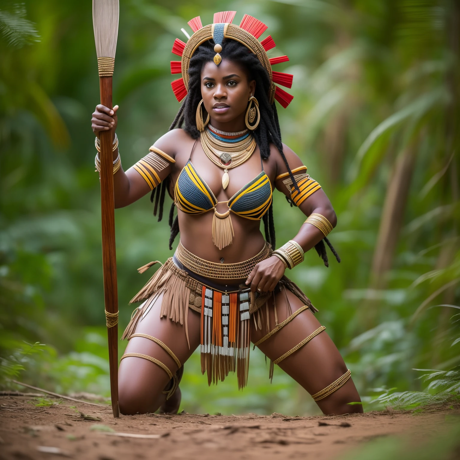 Full body Beautiful African Zulu woman warrior dressed in characteristic attire carrying a deadly spear, agazapada en la jungla asechando a su presa, gran angular, ultra      detallada, imagen 3 D, 34K resolution, octanaje       renderizado, detalle intricado, Volumetric lighting, efecto vidrio roto. Photo Style 50mm Lens,    apertura F 2.5. Sugerencias: No debe salir: Borroso, 2 cabezas, 2 caras, mala anatomia, malas proporciones, mal arte, mal dibujado, cara mal dibujada, mutado, mutilado, extremidades extras, extremidades perdidas, extremidades, flotantes, extremidades fusionadas, fuera de foco, low res, carton, plastico