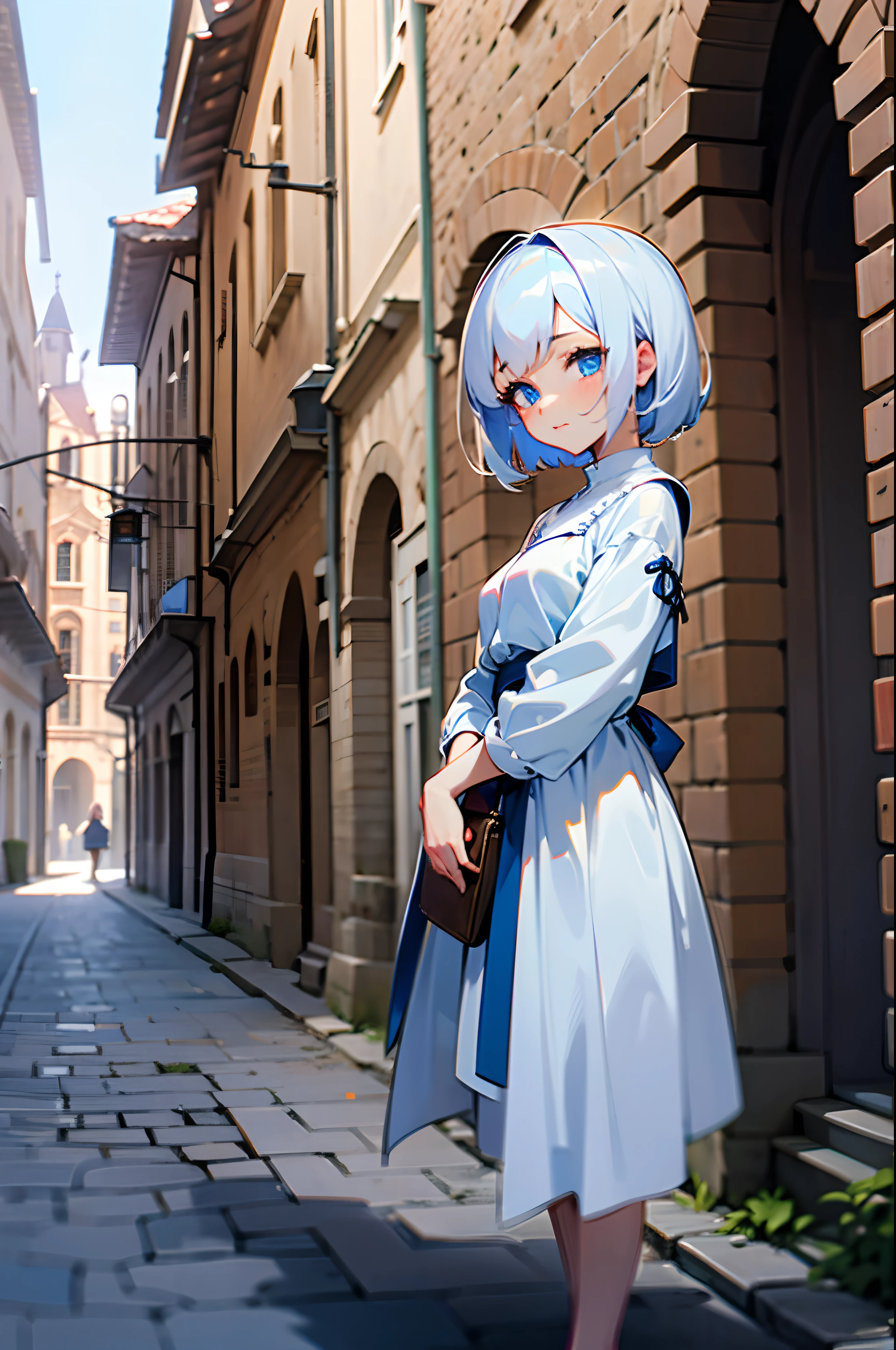 Anime girl with white short hair and blue eyes, wearing medieval white dress, stay on the road medieval city, old town, perfect face, cute face, ultrasharp, 8k, masterpiece, full body, seductive girl,