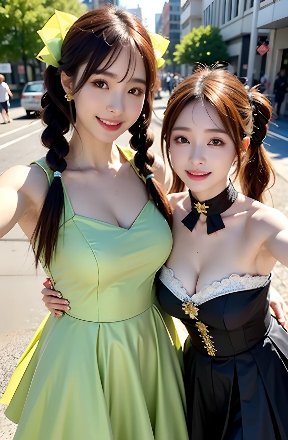 shukezouma, rendering by octane, hdr, (ultra - detailed:1.15), (Soft light, Sharp:1.2), (((duo,Two women in costume take selfies on the street,colorful pigtail, anime cosplaying,))),Beautiful girl, hyper detail eyes, mature, Painting drops, paint teardrops, woman made up from paint, entirely paint, splat, Splash, Long colored hair,paint bulb,paint drops, Exposed shoulders, Tears,shoulders are visible, Thighs exposed, seminude, focus onface, Beautiful face, eye shadows, Dark circle contour, russian face, Russian girl, mascara, Beautiful, 18yr old