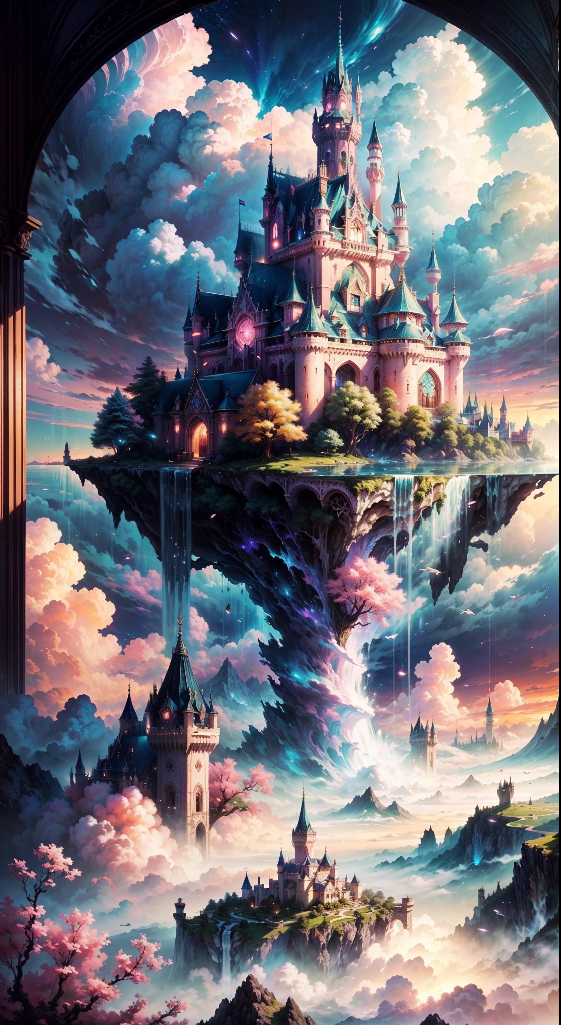 Envision a mesmerizing scene of a magnificent realm of romantic dreams. The environment is filled with intricate floating islands, fluffy clouds, waterfalls cascading from the floating islands, and a vibrant, surreal atmosphere. The atmosphere is filled with a sense of wonder and tranquility. Include many shades of pink in the image along with other vibrant jewel-toned hues. This scene will be depicted in an anime-style illustration, with soft lines, pastel colors, and a whimsical touch. All buildings are extremely detailed and elegant. The artwork will capture the ethereal beauty and tranquility of the dreamlike realm, creating a sense of harmony and escape from the ordinary world. Include teal water, colorful watercolor skies, glowing elements, and many small fantasy details including iridescence, expertly created majestic landscapes, and shimmer and glimmer. Above all else, this should look like a fantasy artwork. (((The buildings and landscapes and castles should be intricately detailed, with clear details and ornate finishings.)))