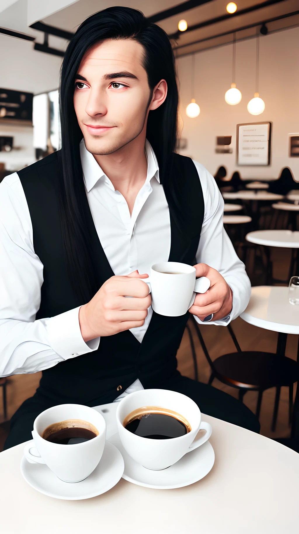 Strong gentleman man in beautiful modern cafe with beautiful white lady with long black hair drinking coffee