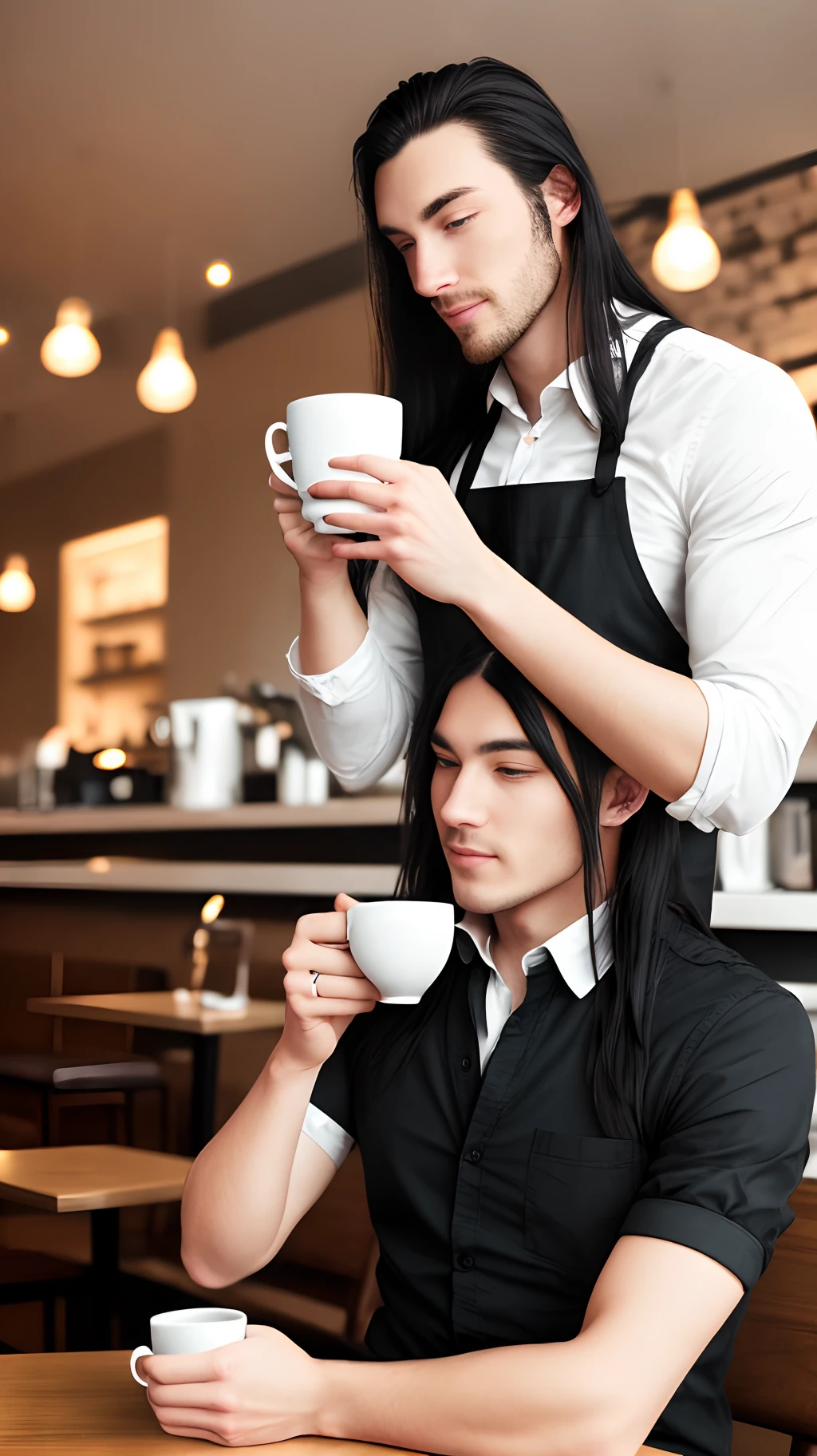 Strong gentleman man in beautiful modern cafe with beautiful white lady with long black hair drinking coffee