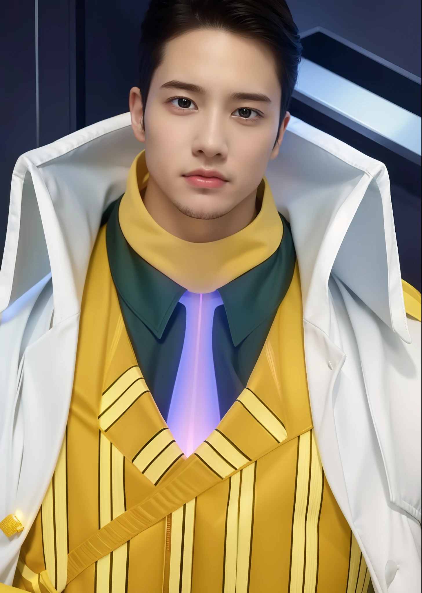 1 man , tsirht yellow , lighting, realistic , ultra realist .
