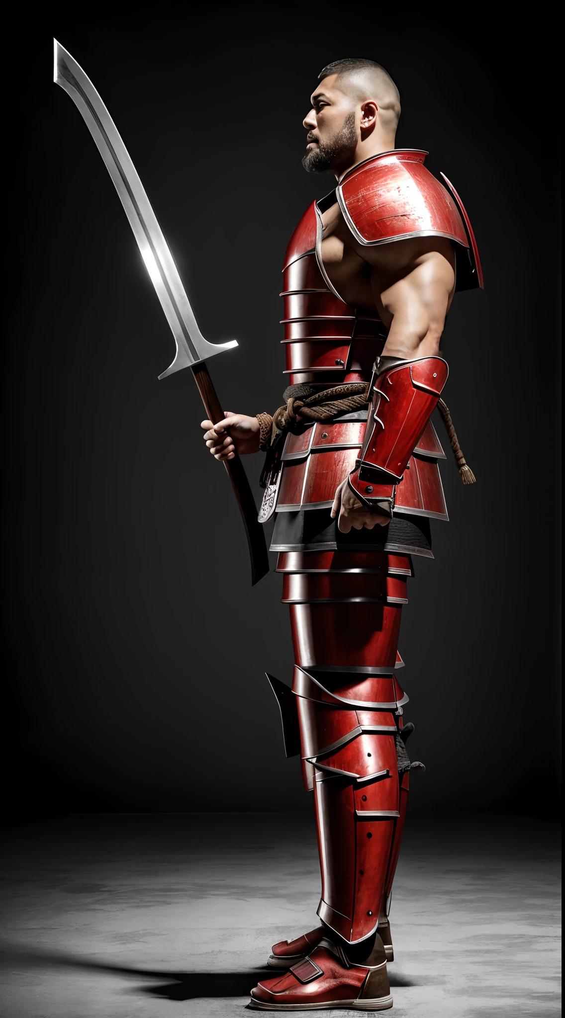 1 man ,Full body shot from side view of (Screaming Japanese giant man ), Muscular , Tall , Huge warrior , He wearing low body samurai armor , Top less , Huge muscles, Holding big axe in his hand , Red color armor , Masterpiece, Realistic, Ultra detailed armor , 4k , Strong studio lighting, White background, White floor , (Best quality realism), Realistic, Detailed armor, High-quality, High textures,
