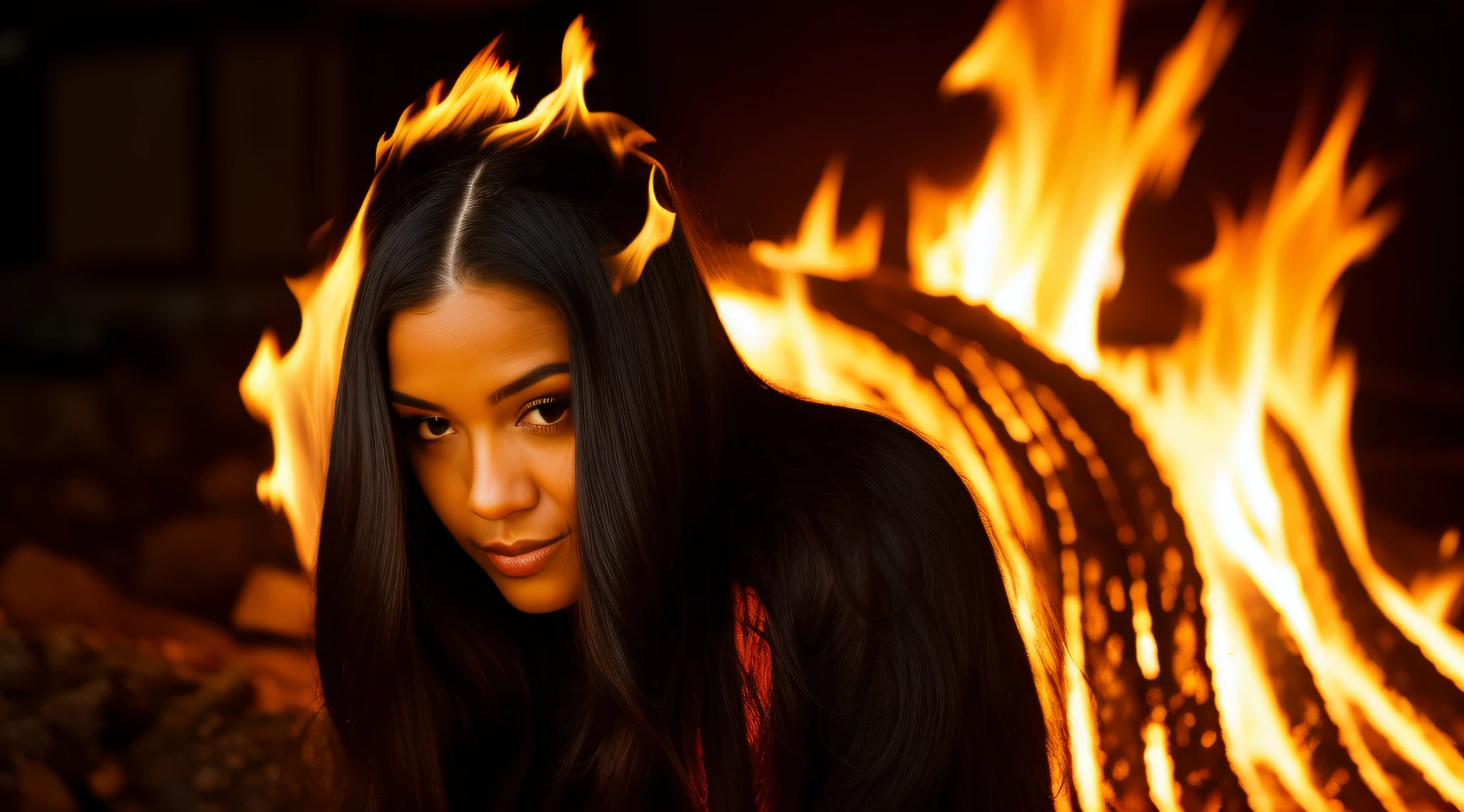 A closeup of a young woman with long hair and a fire on her head, cabelo feito de fogo, cabelo de fogo, her hair is made out of fire, cabelos flamejantes, cabelos longos de fogo, cabelo como fogo, her hair is on fire, cabelo laranja brilhante, pele laranja e cabelo ardente longo, flowing glowing hair, Ela tem poderes de fogo, lindos cabelos longos de fogo