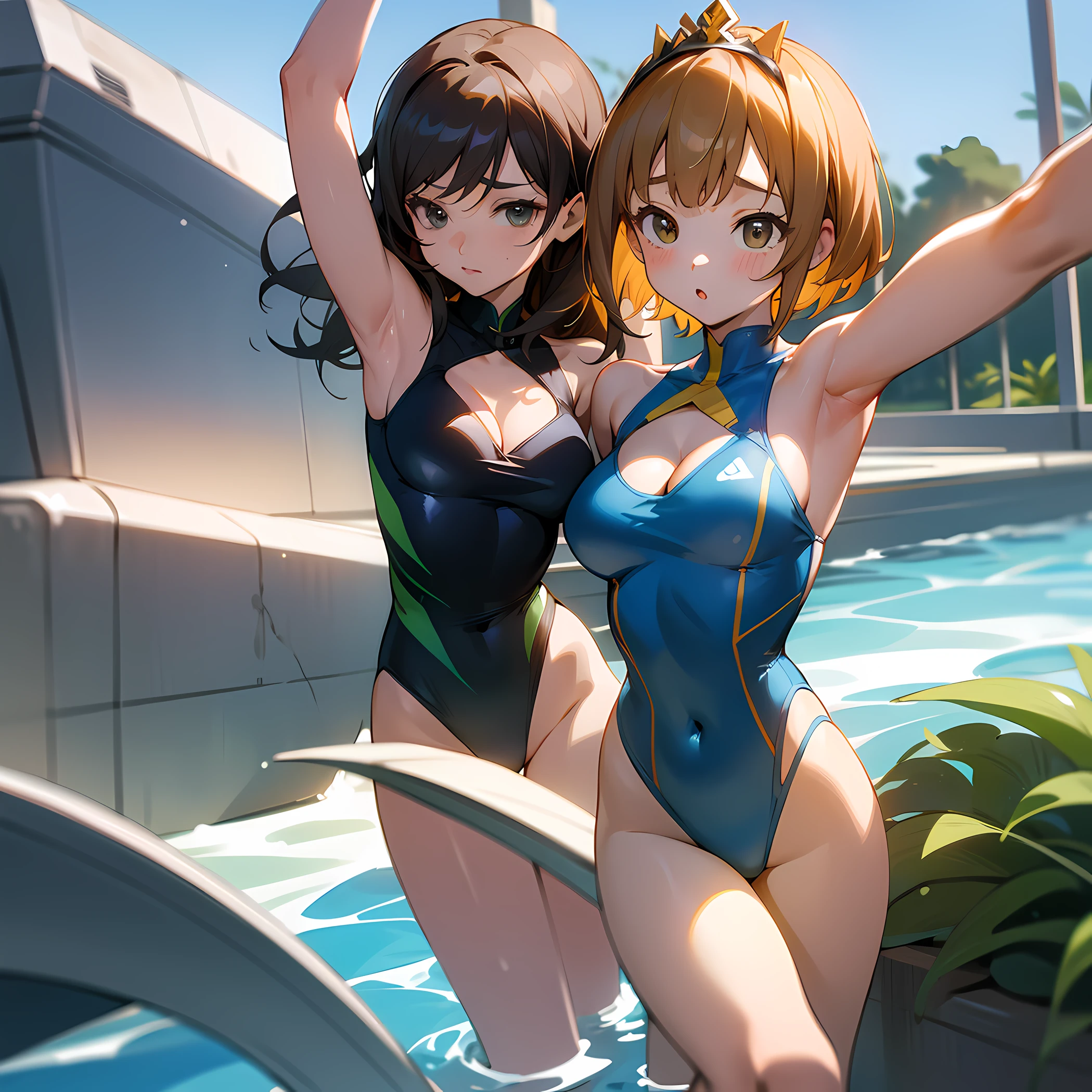 Woman in blue swimsuit is doing yoga pose, wearing leotard, 奈良美智, posing in leotard and tiara, Kotegawa Yui, pretty face with arms and legs, Chiho Ashima, Yasumoto Oka, chiho, Suitable agitated lady with visible cleavage, melhor qualidade, olhos expressivos, rosto perfeito, quadris largos e cheios