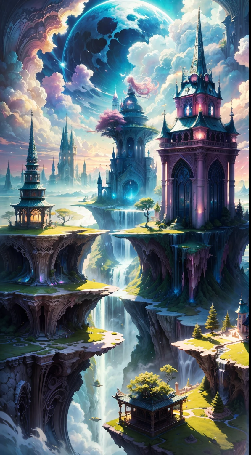 Envision a mesmerizing scene of a magnificent realm of romantic dreams. The environment is filled with intricate floating islands, fluffy clouds, waterfalls cascading from the floating islands, and a vibrant, surreal atmosphere. The atmosphere is filled with a sense of wonder and tranquility. Include many shades of pink in the image along with other vibrant jewel-toned hues. This scene will be depicted in an anime-style illustration, with soft lines, pastel colors, and a whimsical touch. All buildings are extremely detailed and elegant. The artwork will capture the ethereal beauty and tranquility of the dreamlike realm, creating a sense of harmony and escape from the ordinary world. Include teal water, colorful watercolor skies, glowing elements, and many small fantasy details including iridescence, expertly created majestic landscapes, and shimmer and glimmer. Above all else, this should look like a fantasy artwork.