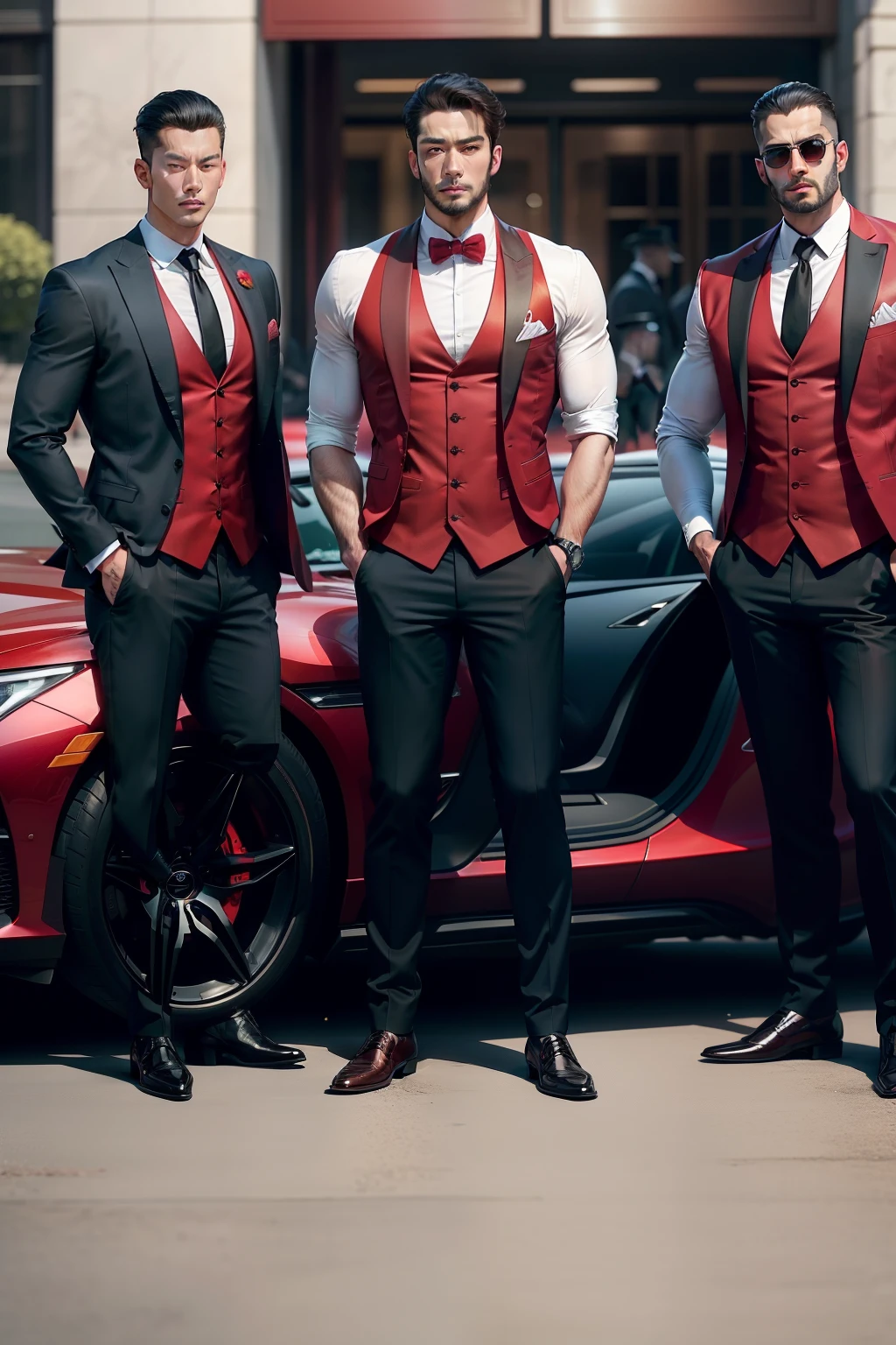 A group of handsome guys in red vests，Take a group photo standing in front of a luxury car，The vest reads Master Feng to drive for him，Hyper-realistic