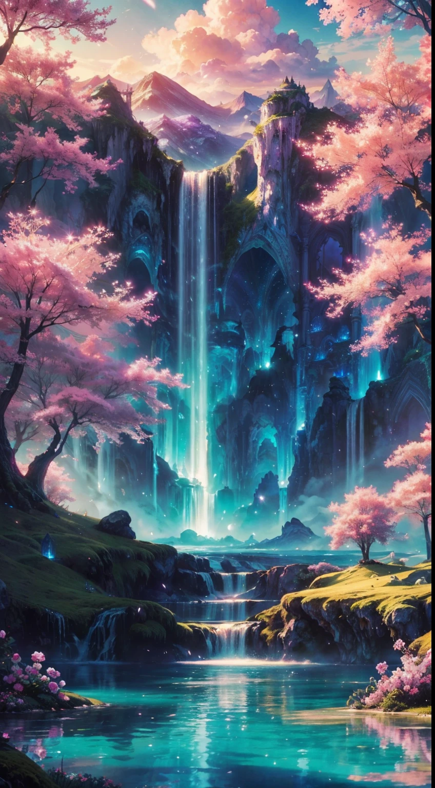 Envision a mesmerizing scene of a magnificent realm of romantic dreams. The environment is filled with intricate floating islands, fluffy clouds, waterfalls cascading from the floating islands, and a vibrant, surreal atmosphere. The atmosphere is filled with a sense of wonder and tranquility. Include many shades of vibrant jewel-toned hues. This scene will be depicted in an anime-style illustration, with soft lines, pastel colors, and a whimsical touch. All buildings are extremely detailed and elegant. The artwork will capture the ethereal beauty and tranquility of the dreamlike realm, creating a sense of harmony and escape from the ordinary world. Include teal water, colorful watercolor skies, glowing elements, and many small fantasy details including iridescence, expertly created majestic landscapes, and shimmer and glimmer. Above all else, this should look like a fantasy artwork. Include lots of vibrant color and vaguely surreal details.