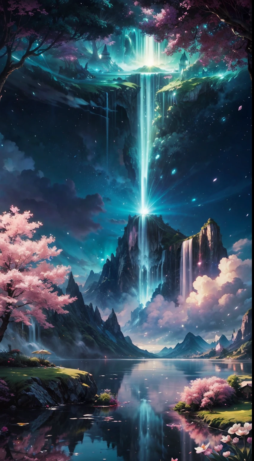 Envision a mesmerizing scene of a magnificent realm of romantic dreams. The environment is filled with intricate floating islands, fluffy clouds, waterfalls cascading from the floating islands, and a vibrant, surreal atmosphere. The atmosphere is filled with a sense of wonder and tranquility. Include many shades of vibrant jewel-toned hues. This scene will be depicted in an anime-style illustration, with soft lines, pastel colors, and a whimsical touch. All buildings are extremely detailed and elegant. The artwork will capture the ethereal beauty and tranquility of the dreamlike realm, creating a sense of harmony and escape from the ordinary world. Include teal water, colorful watercolor skies, glowing elements, and many small fantasy details including iridescence, expertly created majestic landscapes, and shimmer and glimmer. Above all else, this should look like a fantasy artwork. Include lots of vibrant color and vaguely surreal details.