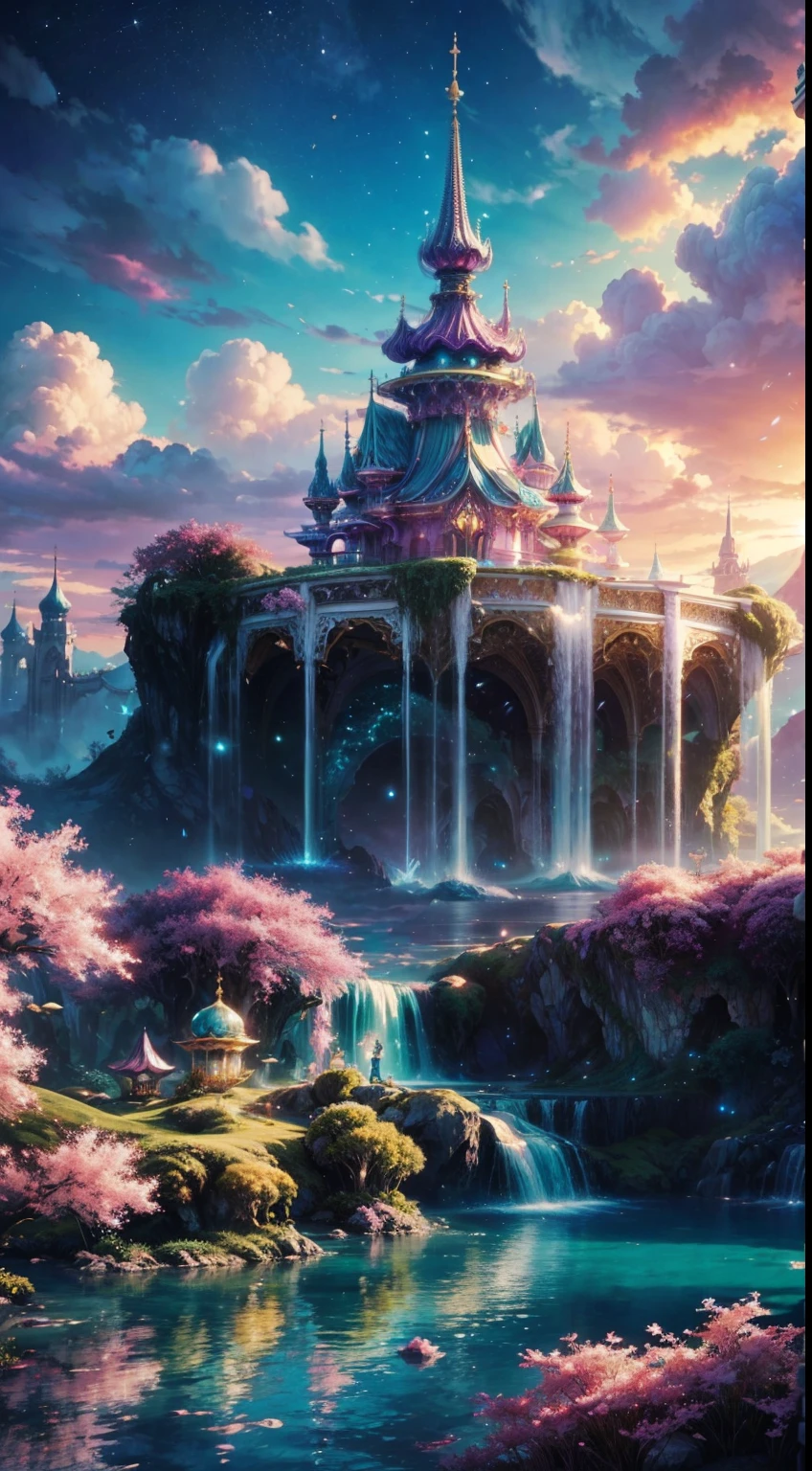 Envision a mesmerizing scene of a magnificent realm of romantic dreams. The environment is filled with intricate floating islands, fluffy clouds, waterfalls cascading from the floating islands, and a vibrant, surreal atmosphere. The atmosphere is filled with a sense of wonder and tranquility. Include many shades of vibrant jewel-toned hues. This scene will be depicted in an anime-style illustration, with soft lines, pastel colors, and a whimsical touch. All buildings are extremely detailed and elegant. The artwork will capture the ethereal beauty and tranquility of the dreamlike realm, creating a sense of harmony and escape from the ordinary world. Include teal water, colorful watercolor skies, glowing elements, and many small fantasy details including iridescence, expertly created majestic landscapes, and shimmer and glimmer. Above all else, this should look like a fantasy artwork. Include lots of vibrant color and vaguely surreal details.