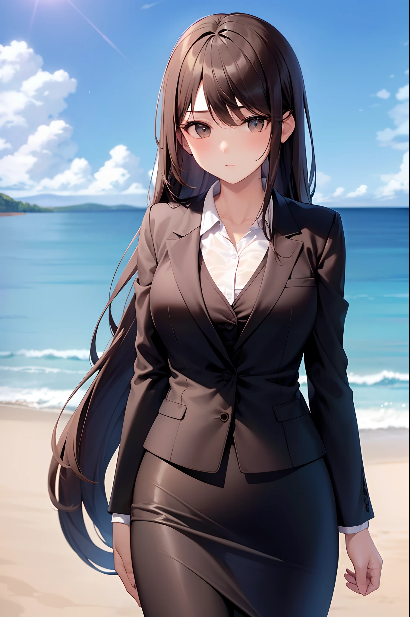 1girl, suit, beach, black skirt, black blazer, pencil skirt, long skirt, brown hair