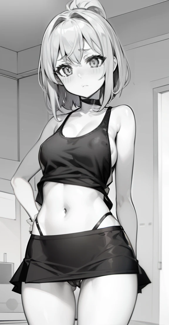 Anime girl in a black tank top, school girl, black and white manga page, black and white manga style, black and white manga comic, black and white manga, black and white manga panel, manga page, doujin, manga scans, in style of manga, detailed manga style, manga illustration, xray inside body, by Hi_mekuriguri, twitter artist hi_mekuriguri,1girl, 1boy, indoors, sex scene, uterus, facing viewer, wide hips, flat chested, perky breasts, inside view of womb, cervix, short hair, weird proportions, thigh gap, pencil skirt, mini skirt, teen, ponytail, short hair, drunk, little bubble vfx, teen, cameltoe, peek, swirly eyes, mind controlled, sexy stomach, pussy peek, covered nipples, slutty