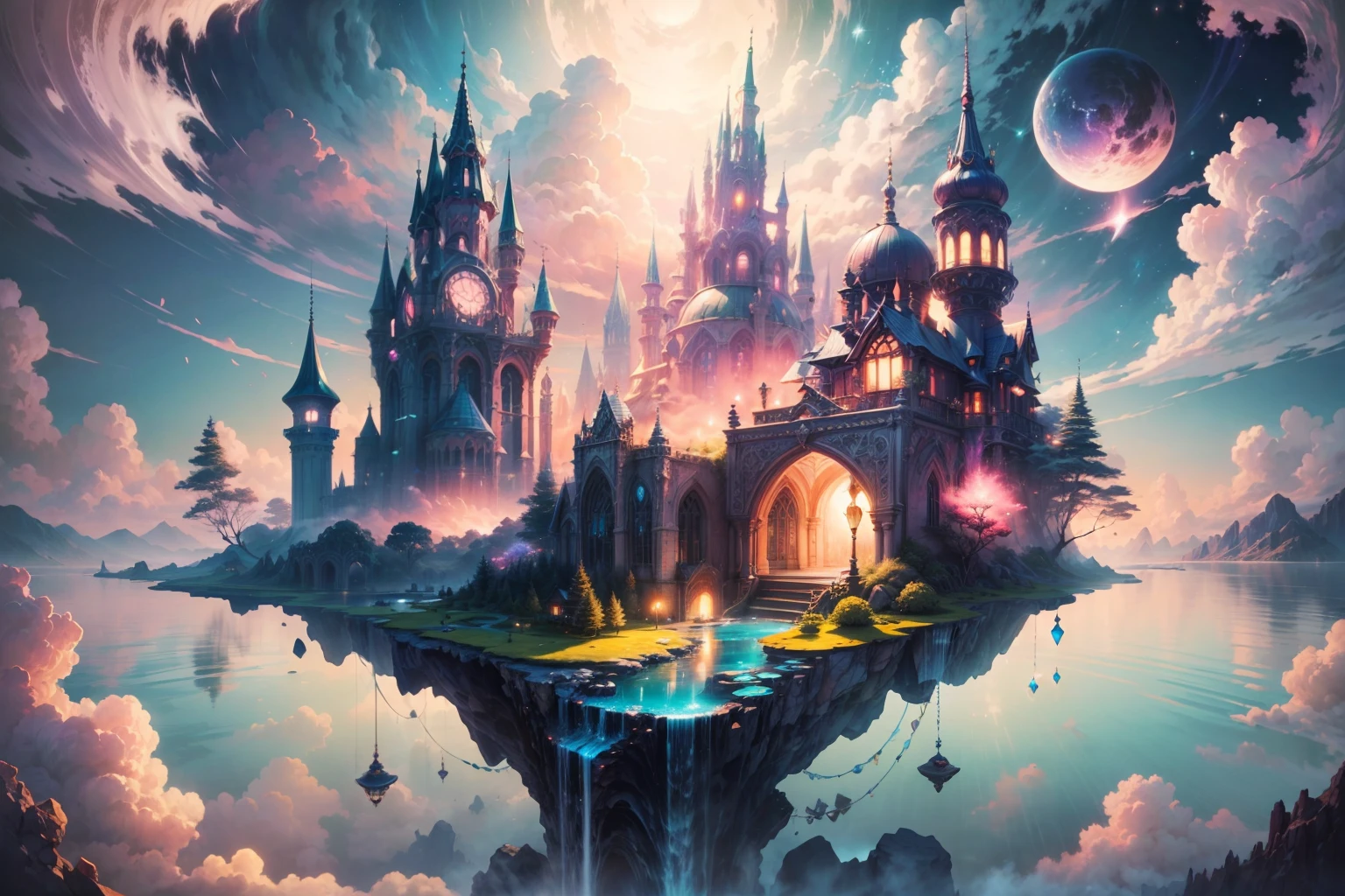 Envision a mesmerizing scene of a magnificent realm of romantic dreams. The environment is filled with intricate floating islands, fluffy clouds, waterfalls cascading from the floating islands, and a vibrant, surreal atmosphere. The atmosphere is filled with a sense of wonder and tranquility. Include many shades of pink in the image along with other vibrant jewel-toned hues. This scene will be depicted in an anime-style illustration, with soft lines, pastel colors, and a whimsical touch. All buildings are extremely detailed and elegant. The artwork will capture the ethereal beauty and tranquility of the dreamlike realm, creating a sense of harmony and escape from the ordinary world. Include teal water, colorful watercolor skies, glowing elements, and many small fantasy details including iridescence, expertly created majestic landscapes, and shimmer and glimmer. Above all else, this should look like a fantasy artwork.