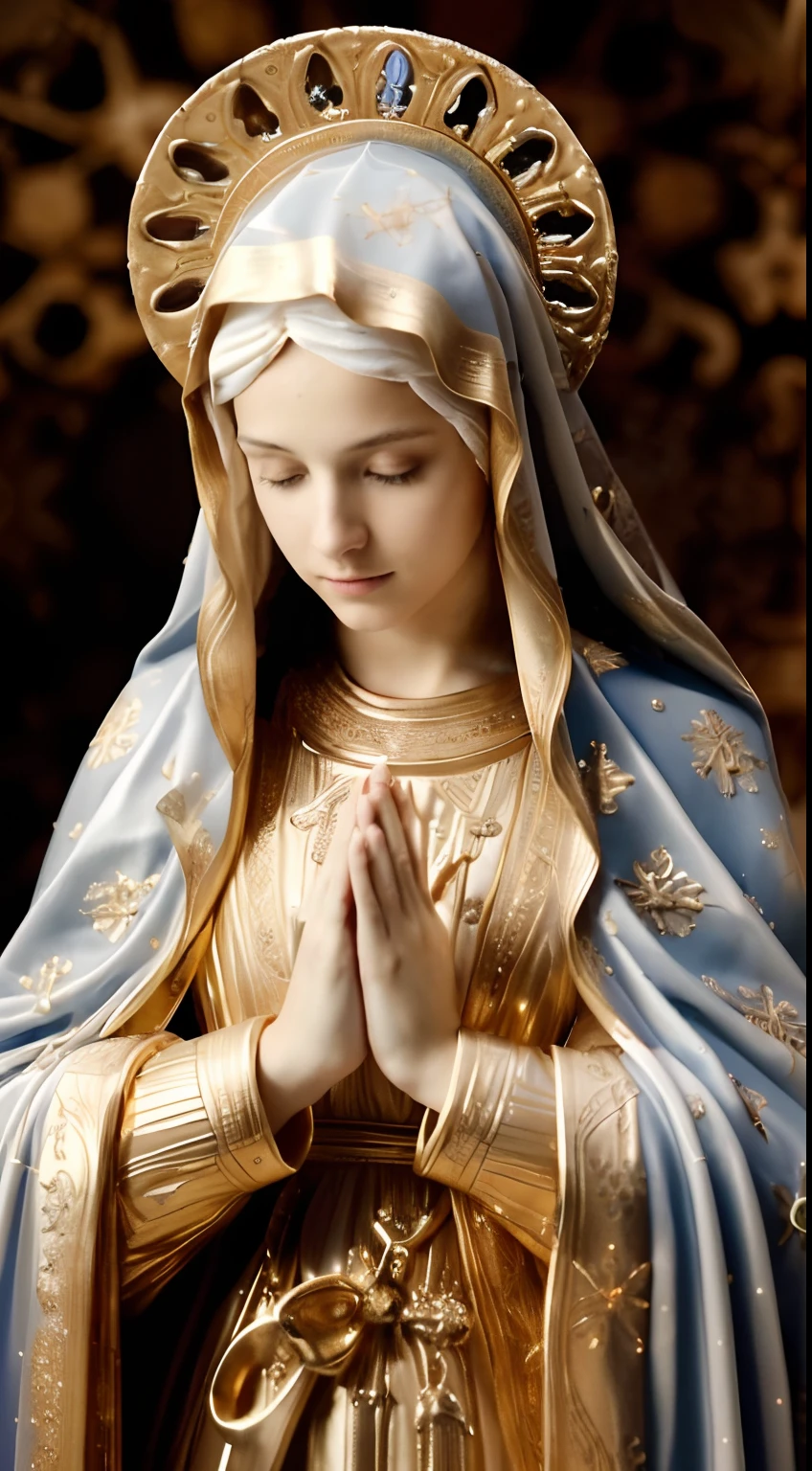 (((Saint Virgin Mary. 19 years old))) ((( Con una cara seria y piadosa. Con una mirada dulce y tierna))) (obra maestra, calidad superior, mejor calidad, arte oficial, beautiful and aesthetic: 1.2), (1girl), extremadamente detallado, (Arte fractal: 1.3), colorido, highest detailed, Cara perfecta, parte superior del cuerpo, HDR, (orando: 1.3), (golden lines of white coat: 1.2), galaxia, (rayas de luz), eye-catching visuals, (dynamic stripes, senderos luminosos: 1.2), colores vibrantes,