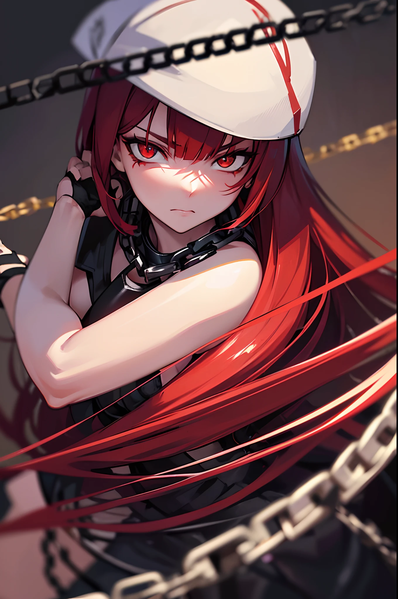 ((masterpiece)), ((best quality)), 1girl, long hair, big bust, ((red hair)), semi naked, very long red hair, ((intimidant look)), ((close-up)), sexy pose, ((blood marks)), yellow eyes, ((white and red ligerie)), ((chains)), leather, dark colors, ((bandana)), brillant eyes, heels, stockings, ((wavy hair)), exposed skin, ((intimidant look)), good anatomy, ((dominant)), ((straight cut bangs)), long gloves, evil, emotionless, intimidant, bloody, ((beautiful eyes)), dark background, close up, ((detailed eyes)), beautiful eyes, hair bang, frontal look