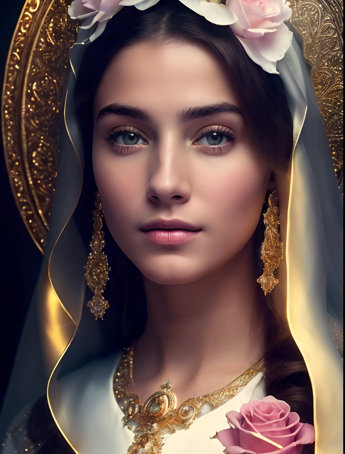 (((Saint Virgin Mary. 19 years old))) ((( Con una cara seria y piadosa. Con una mirada dulce y tierna))) (obra maestra, calidad superior, mejor calidad, arte oficial, beautiful and aesthetic: 1.2), (1girl), extremadamente detallado, (Arte fractal: 1.3), colorido, highest detailed, Cara perfecta, parte superior del cuerpo, HDR, (orando: 1.3), (golden lines of white coat: 1.2), galaxia, (rayas de luz), eye-catching visuals, (dynamic stripes, senderos luminosos: 1.2), colores vibrantes,