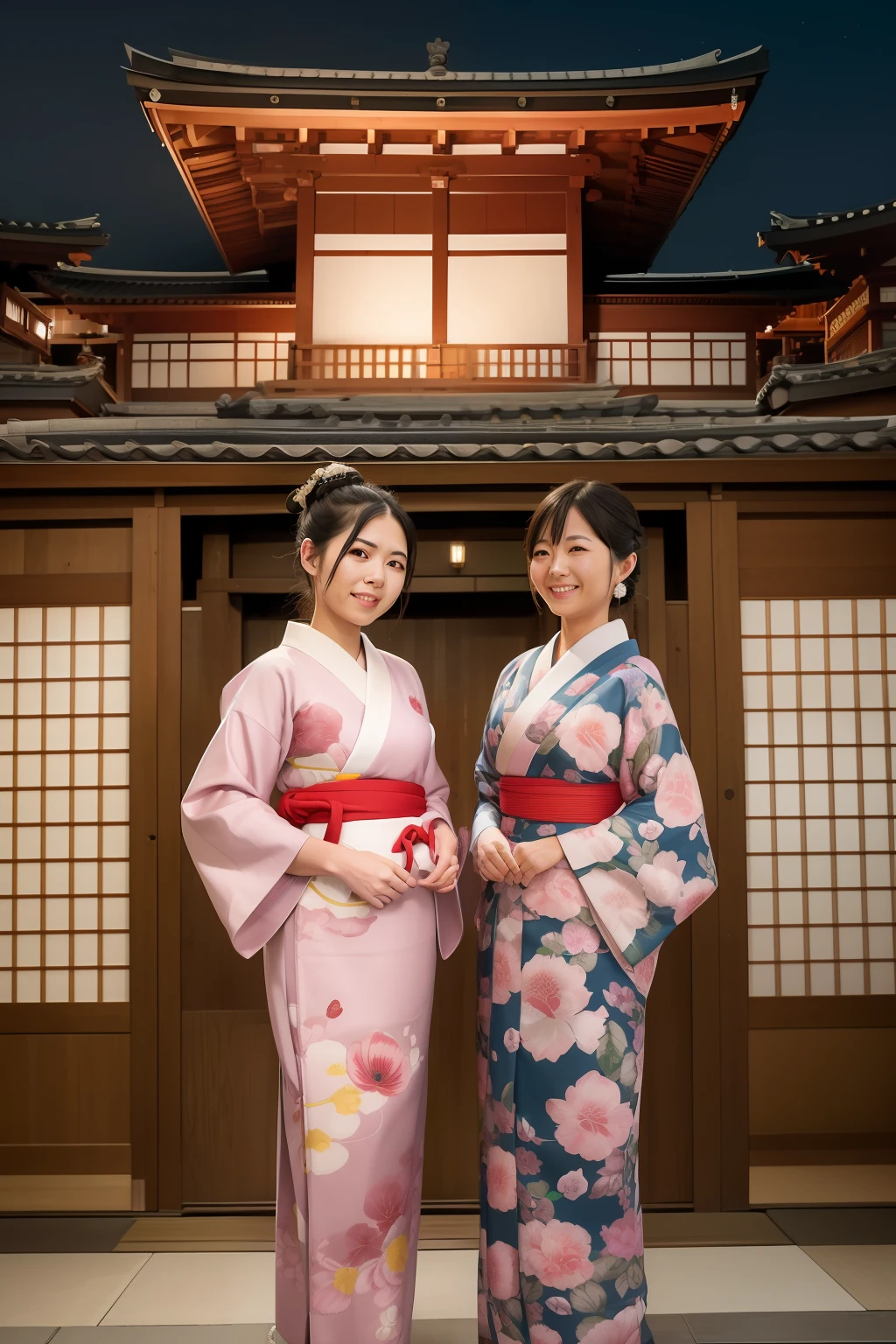 Two women in front of building, elegant yukata, beautiful woman, smiling, woman waving, night view of building with front lighting and street lights, Edo period house in background, Japanese bathhouse, night shot, ryokan and Edo period house, ancient Japanese architecture, Edo, or form, Hakusensha, Japanese buildings in Europe, Otsutsuki Momoshiki, Hidetaka Tenjin, Edo Japan