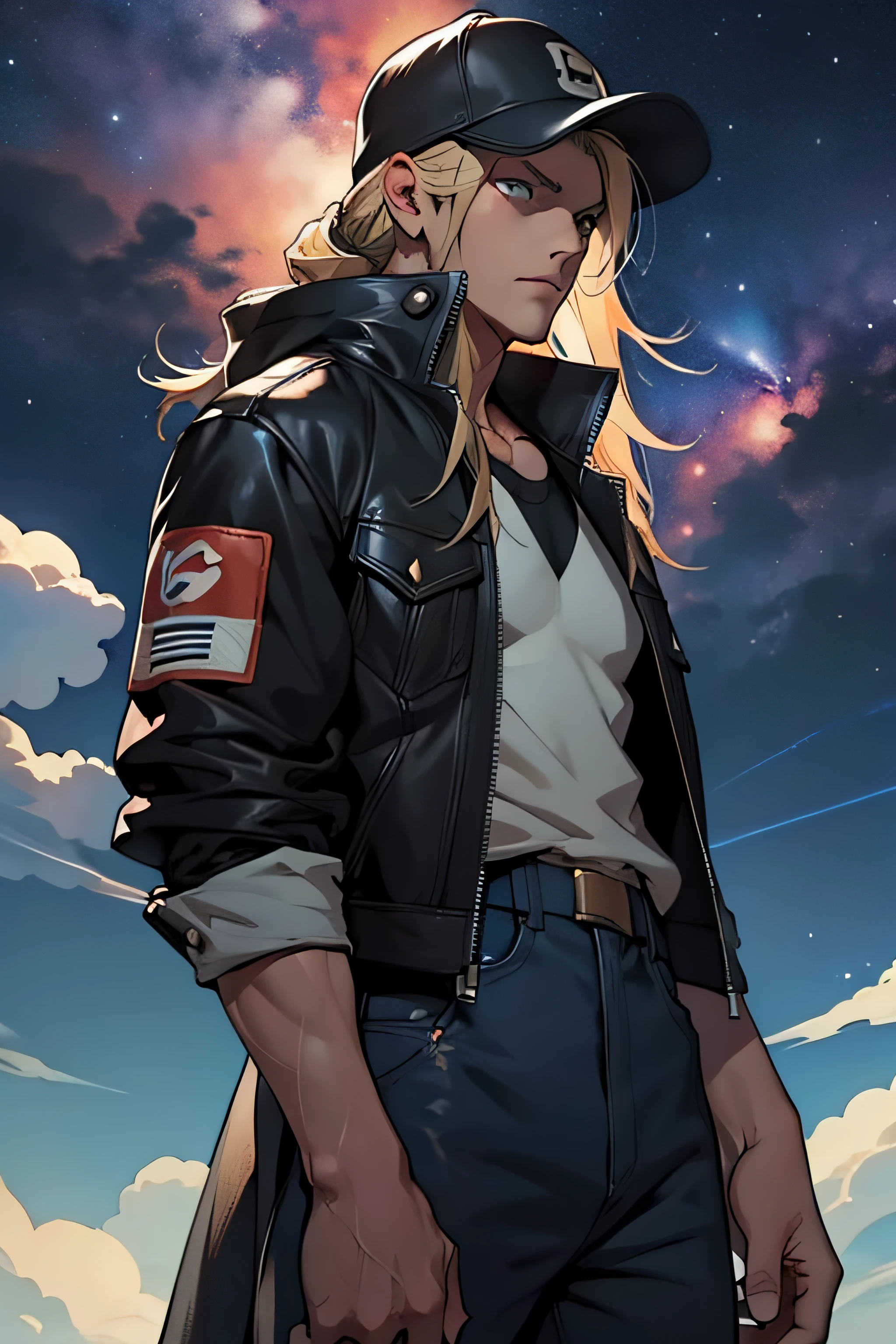 1 solo Terry Bogard, raios, thunder, thunder , cabelo blond, roupas pretas, vestes pretas, Nebula and smoke, black cloth, segurando raio