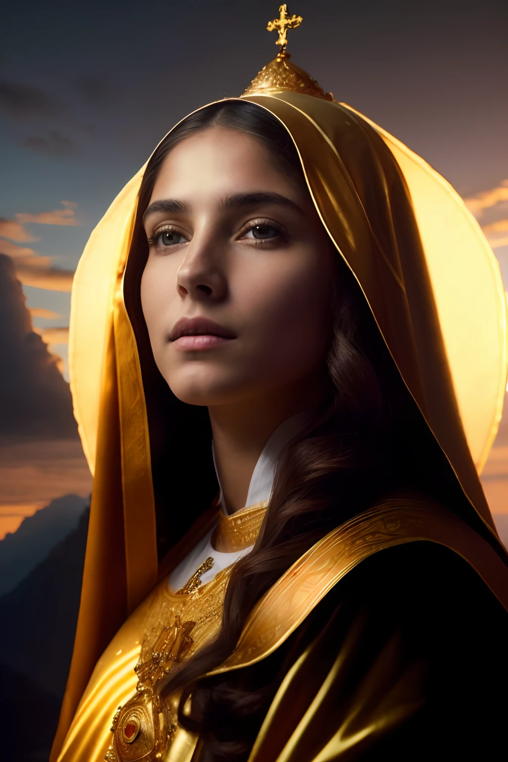 (((Saint Virgin Mary. 19 years old))) ((( Con una cara seria y piadosa. Con una mirada dulce y tierna))) (obra maestra, calidad superior, mejor calidad, arte oficial, beautiful and aesthetic: 1.2), (1girl), extremadamente detallado, (Arte fractal: 1.3), colorido, highest detailed, Cara perfecta, parte superior del cuerpo, HDR, (orando: 1.3), (golden lines of white coat: 1.2), galaxia, (rayas de luz), eye-catching visuals, (dynamic stripes, senderos luminosos: 1.2), colores vibrantes,