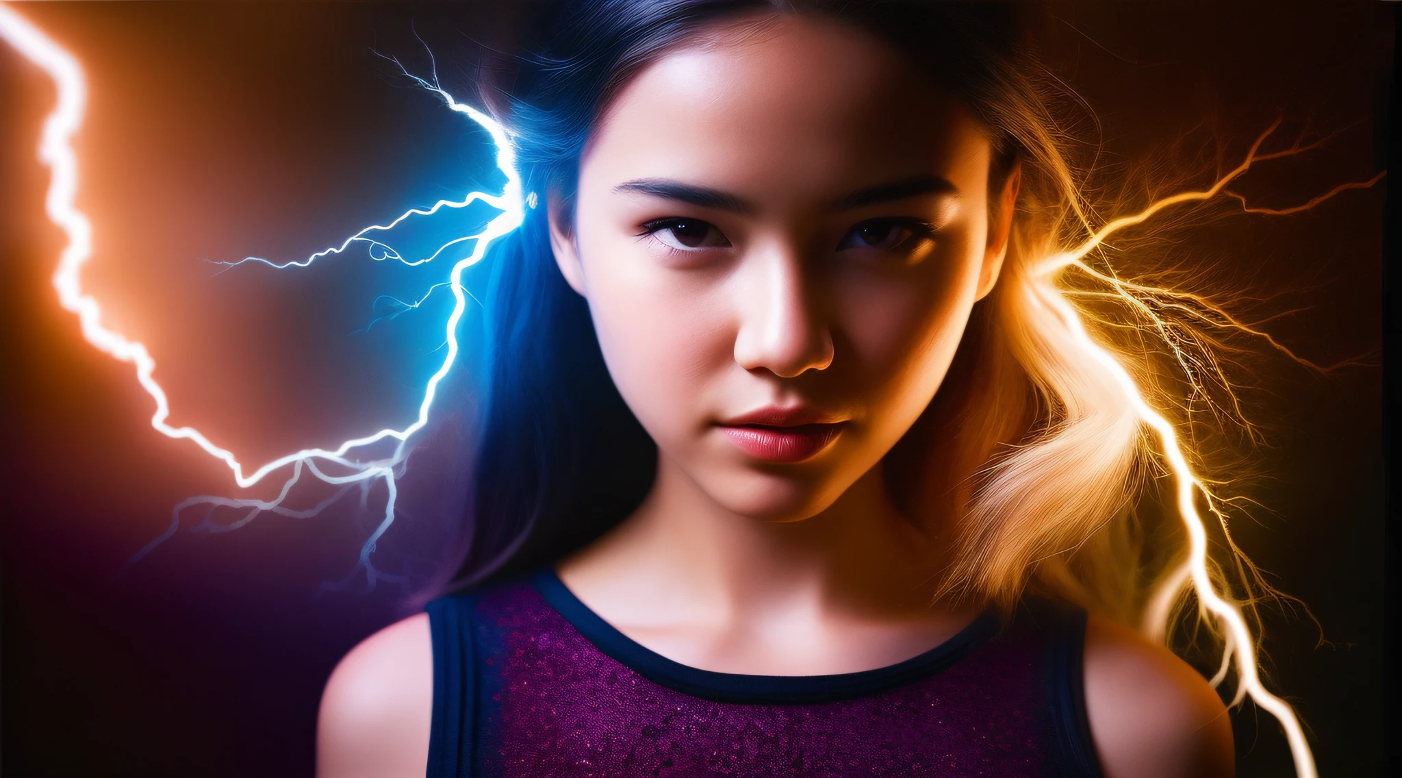um close up de uma jovem com longos cabelos loiros, girl with magical powers, arte digital muito realista, Arte digital alucinante, splashes of lightning behind her, Arte digital realista 4K, Arte digital realista 4K, painting digital adorable, luzes brilhantes! pintura digital, artes digitais fotorrealistas, arte digital ultra realista, arte digital realista, amazing lightning art