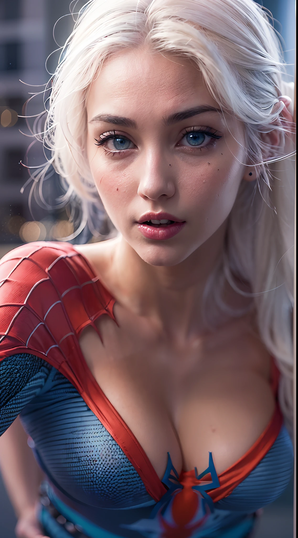 (masterpiece:1.4), (8k, photorealistic, RAW photo, best quality: 1.4), japanese, (1girl), beautiful face, (realistic face:1.4), (white hair, long hair:1.3), beautiful hairstyle, beautiful detailed eyes, (best ratio eyes:1.5), attractive, ultra high res, ultra realistic, highly detailed, best ratio, (detailed face:1.4), looking at viewer, red lipsticks, (best ratio fingers:1.5), (White superhero theme, charismatic, there's a girl on top of town, wearing lingerie Spider-Man costume, she's a superhero), [ ((25 years), full body, (realistic blue eyes:1.2), ((Spider-Man pose), show of strength, jumping from one building to another), ((sandy urban environment):0.8)| (cityscape, at night, dynamic lights), (full moon))] # Explanation: The Prompt mainly describes a 4K painting of ultra-high definition, very realistic, very detailed. It shows a superheroine at the top of the city, wearing a Spider-Man costume. The theme in the painting is a white superhero theme, the female protagonist has long white hair, is 25 years old and her entire body is shown in the painting. In terms of portraying the actions of superheroines, spiders are employed, (no bra:1.4), perky_nipples, ((exposed_nipples, exposed breasts, high proportional realistic breasts, realistic big breasts):1.3), (closed mouth:1.4), (camel_toe_pussy:1.3), innie_pussy,