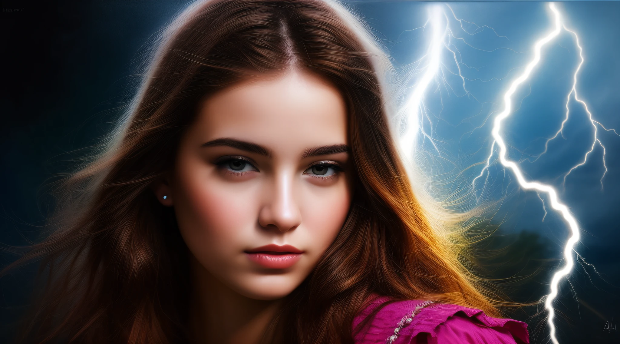 um close up de uma jovem com longos cabelos loiros, with magical powers, arte digital muito realista, Arte digital alucinante, splashes of lightning behind her, Arte digital realista 4K, Arte digital realista 4K, painting digital adorable, luzes brilhantes! pintura digital, artes digitais fotorrealistas, arte digital ultra realista, arte digital realista, amazing lightning art