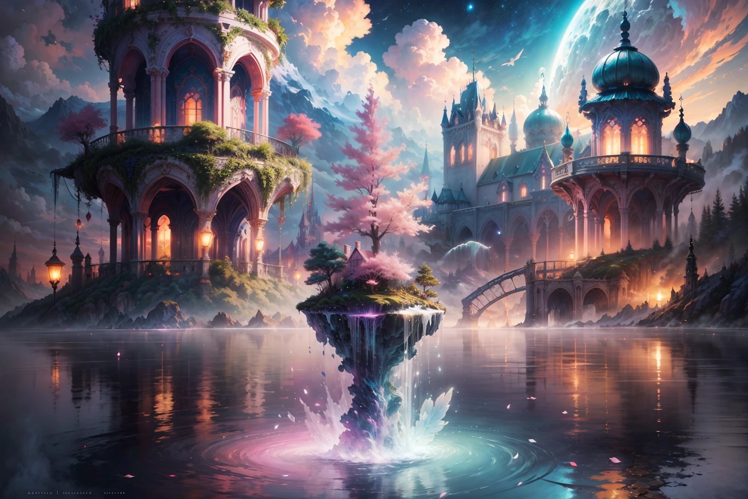 Envision a mesmerizing scene of a magnificent realm of romantic dreams. The environment is filled with intricate floating islands, fluffy clouds, waterfalls cascading from the floating islands, and a vibrant, surreal atmosphere. The atmosphere is filled with a sense of wonder and tranquility. Include many shades of pink in the image along with other vibrant jewel-toned hues. This scene will be depicted in an anime-style illustration, with soft lines, pastel colors, and a whimsical touch. All buildings are extremely detailed and elegant. The artwork will capture the ethereal beauty and tranquility of the dreamlike realm, creating a sense of harmony and escape from the ordinary world. Include teal water, colorful watercolor skies, glowing elements, and many small fantasy details including iridescence, expertly created majestic landscapes, and shimmer and glimmer. Above all else, this should look like a fantasy artwork.