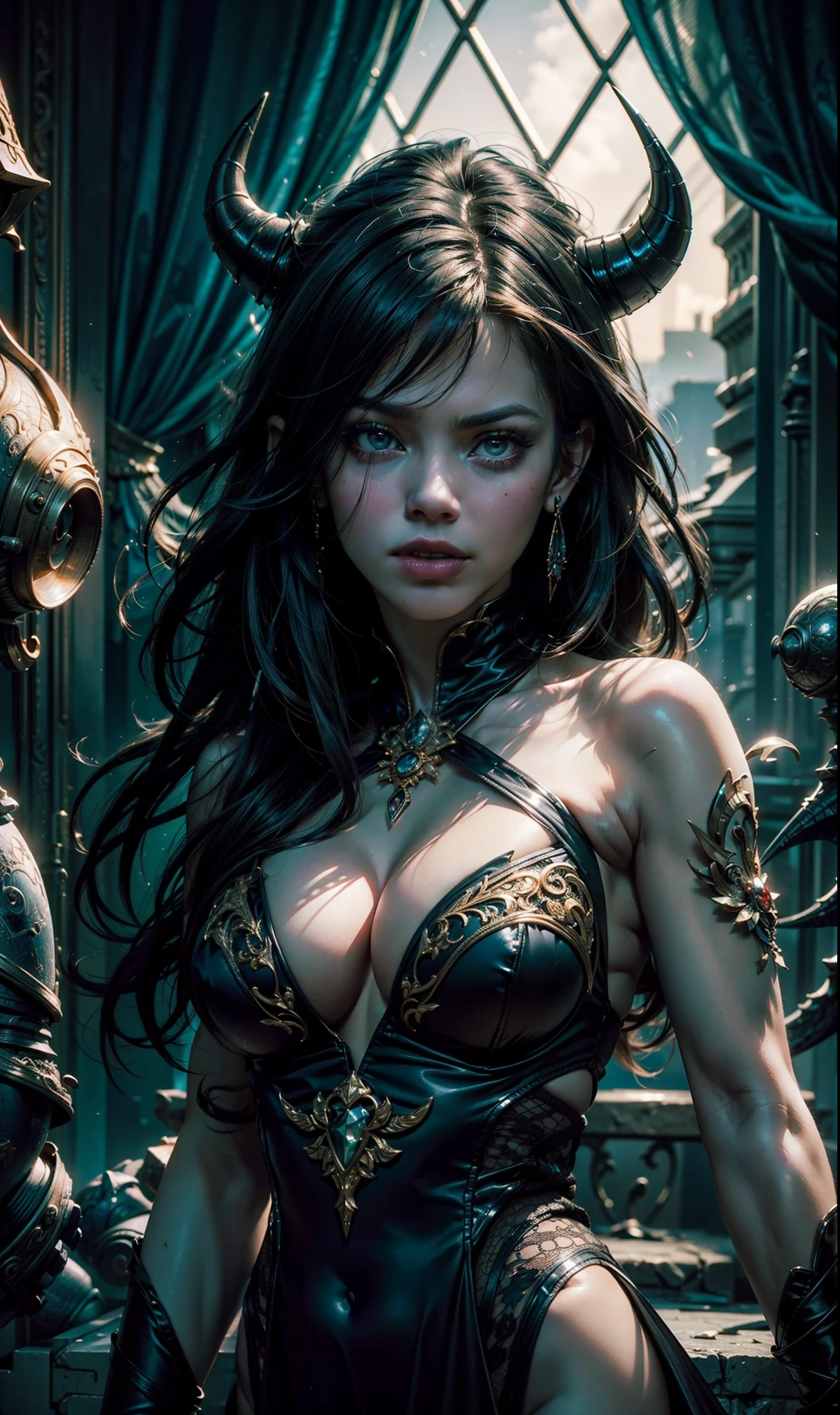 Beautiful portrait of perfect ((demonic sorceress girl)), slender body, big breasts, shapeless long hair, tiny horns, wearing revealing see-through dress, perfect features, abstract beauty, near perfection, pure form, dynamic pose, ethereal demonic background, (deep dark shadows), (strong cinematic lighting), ((rim lighting)), concept art by Greg Rutkowski and John William Waterhouse and Alphonse Mucha, stunning details, intricate details, 8k post-production, High resolution, super details, trending on ArtStation, sharp focus, depth of field f/1.8, studio photos, (((looking at camera))).