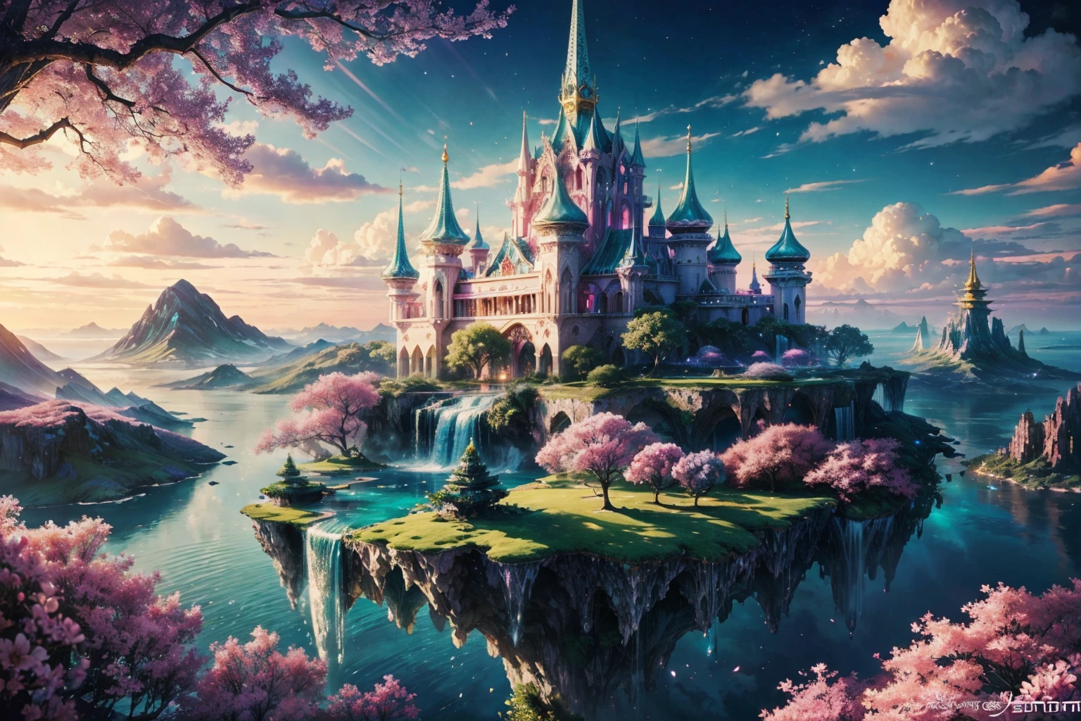 Envision a mesmerizing scene of a magnificent realm of romantic dreams. The environment is filled with intricate floating islands, fluffy clouds, waterfalls cascading from the floating islands, and a vibrant, surreal atmosphere. The atmosphere is filled with a sense of wonder and tranquility. Include many shades of vibrant jewel-toned hues. This scene will be depicted in an anime-style illustration, with soft lines, pastel colors, and a whimsical touch. All buildings are extremely detailed and elegant. The artwork will capture the ethereal beauty and tranquility of the dreamlike realm, creating a sense of harmony and escape from the ordinary world. Include teal water, colorful watercolor skies, glowing elements, and many small fantasy details including iridescence, expertly created majestic landscapes, and shimmer and glimmer. Above all else, this should look like a fantasy artwork. Include lots of vibrant color and vaguely surreal details.