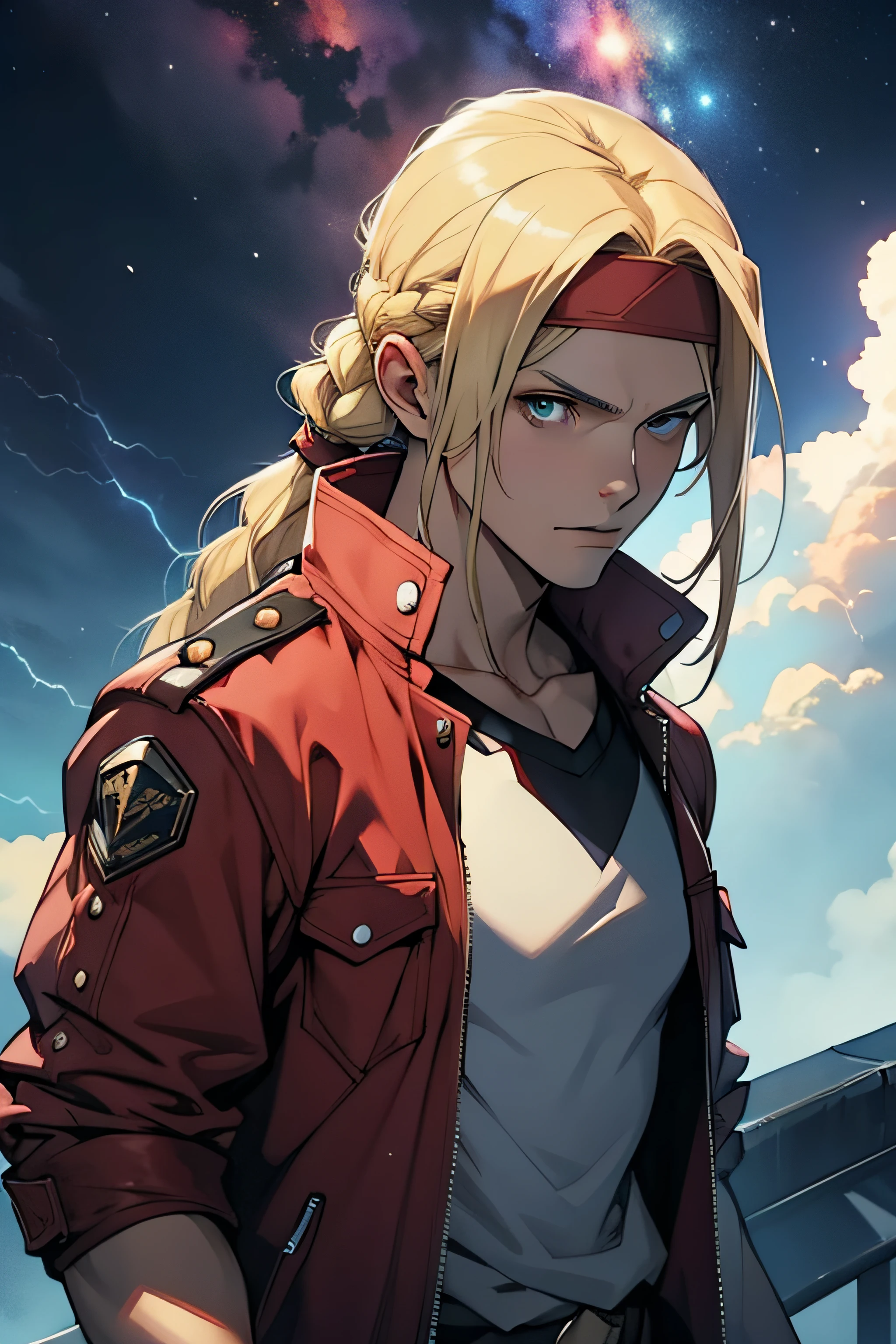 1 solo Terry Bogard, raios, thunder, thunder , cabelo blond, roupas pretas, vestes pretas, Nebula and smoke