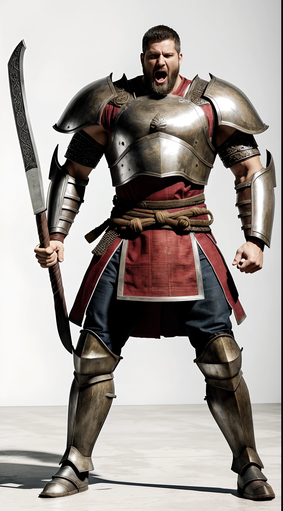 1 man ,Full body side shot of (Screaming giant man ), ( Battle cry ),(Top body is naked) , Big scares on his chest, Muscular , 2.2m height , Huge warrior , He wearing low body samurai armor in red color , Huge muscles, Holding big axe in his hand , Masterpiece, Realistic, Ultra detailed armor , 4k , Strong studio lighting, White background, White floor , (Best quality realism), Realistic, Detailed armor, High-quality, High textures,