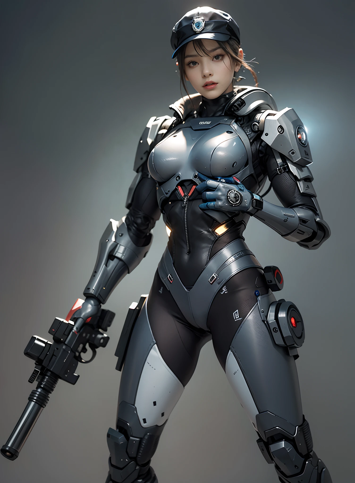 A close up of a woman in a futuristic suit holding a gun - SeaArt AI
