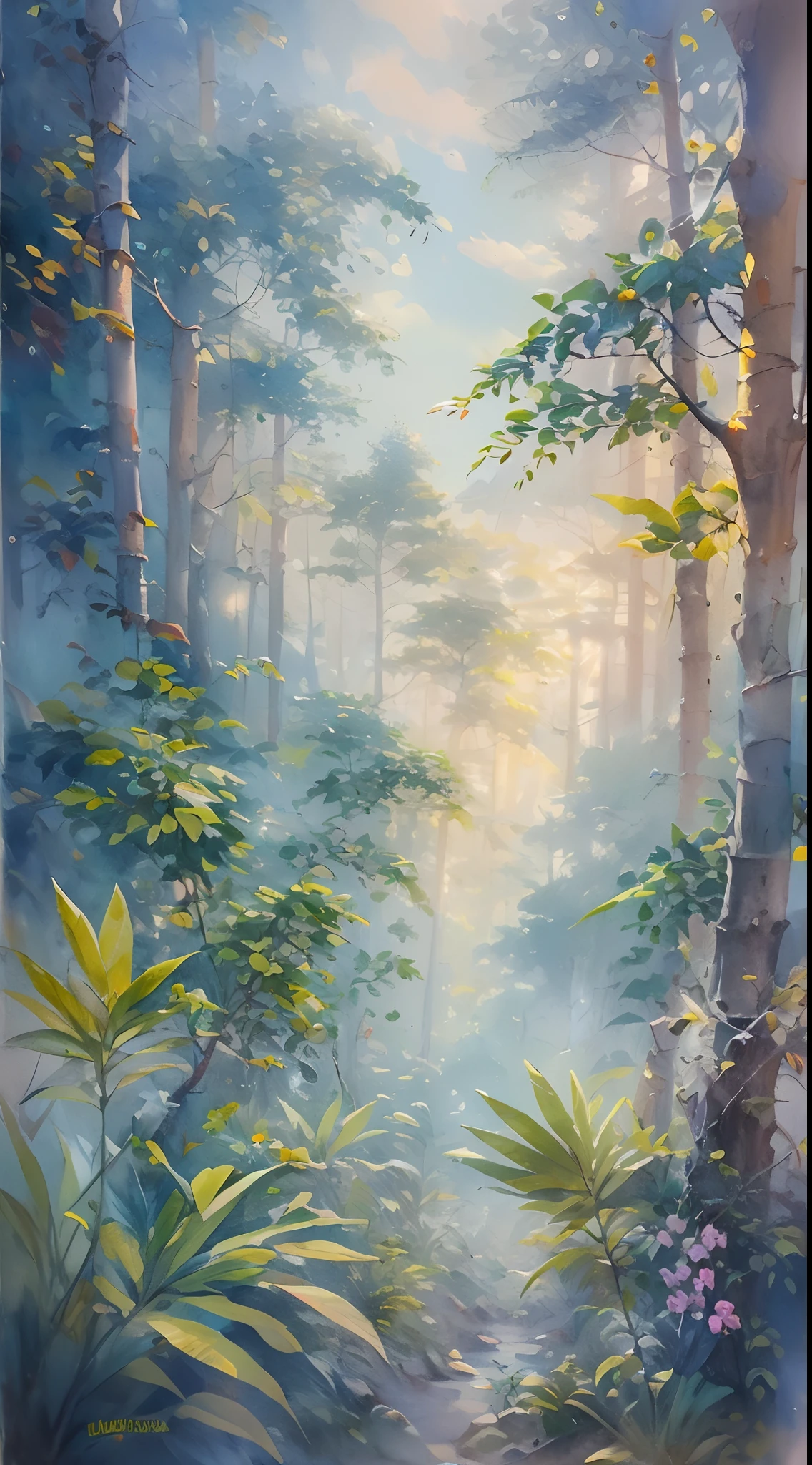 Within the heart of a mystical rainforest, luminescent flora and fauna create an otherworldly ambiance, towering trees shrouded in mist, the air alive with vibrant colors and soft whispers, an enchanting paradise untouched by time, Watercolor painting, using a mix of wet-on-wet and dry brush techniques on textured paper