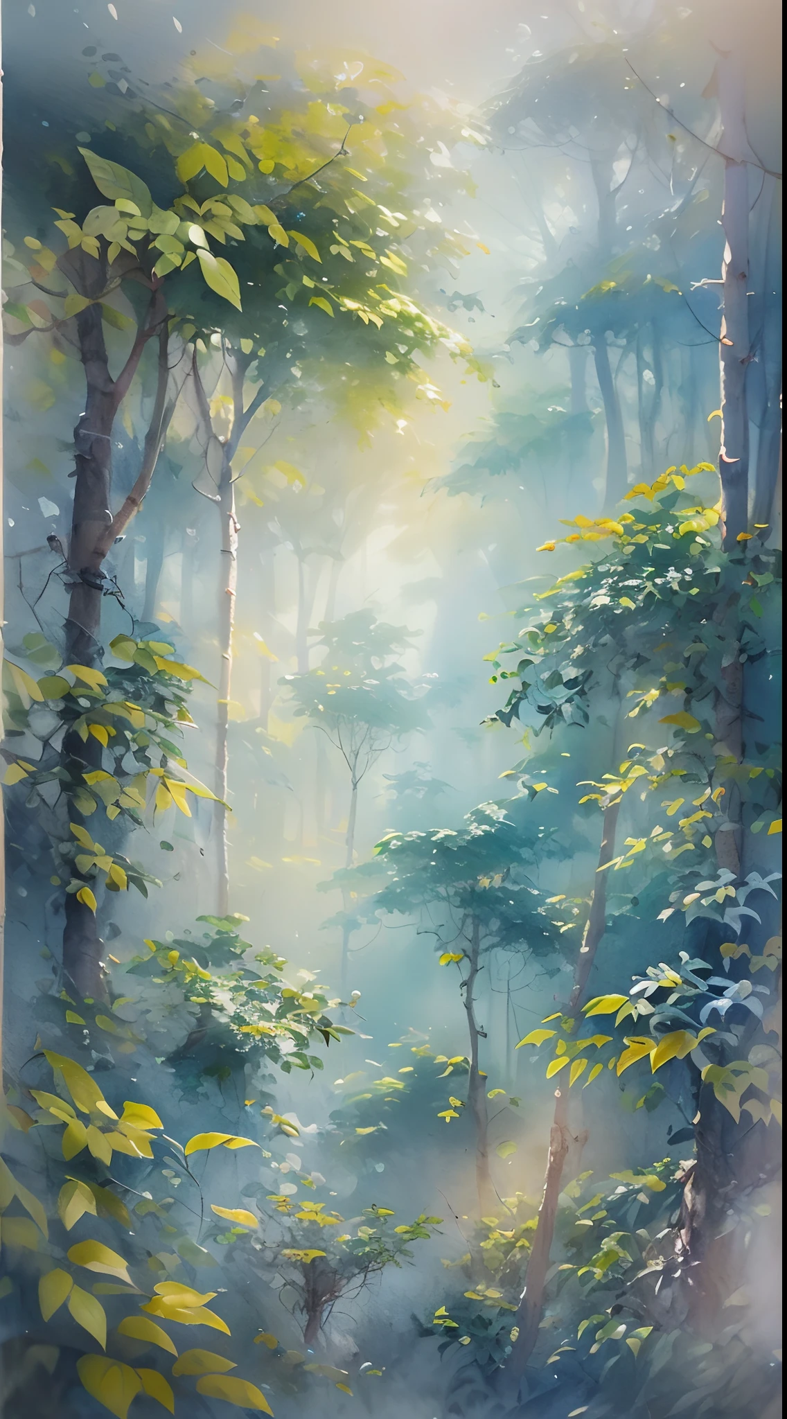 Within the heart of a mystical rainforest, luminescent flora and fauna create an otherworldly ambiance, towering trees shrouded in mist, the air alive with vibrant colors and soft whispers, an enchanting paradise untouched by time, Watercolor painting, using a mix of wet-on-wet and dry brush techniques on textured paper