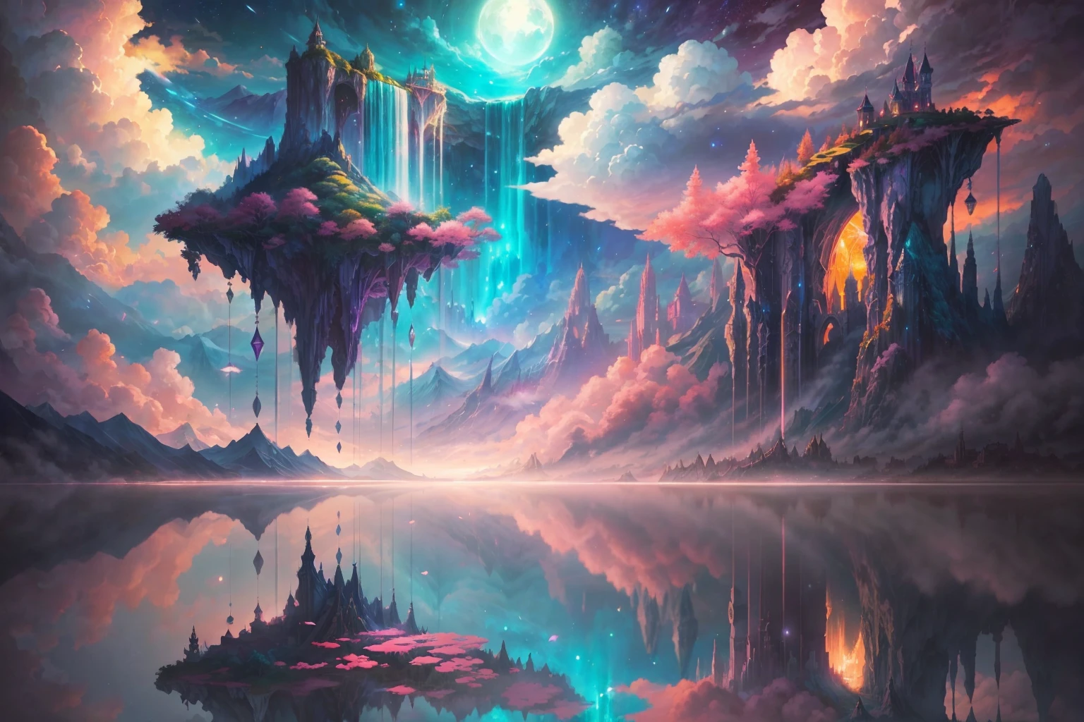 Envision a mesmerizing scene of a magnificent realm of romantic dreams. The environment is filled with intricate floating islands, fluffy clouds, waterfalls cascading from the floating islands, and a vibrant, surreal atmosphere. The atmosphere is filled with a sense of wonder and tranquility. Include many shades of pink in the image along with other vibrant jewel-toned hues. This scene will be depicted in an anime-style illustration, with soft lines, pastel colors, and a whimsical touch. All buildings are extremely detailed and elegant. The artwork will capture the ethereal beauty and tranquility of the dreamlike realm, creating a sense of harmony and escape from the ordinary world. Include teal water, colorful watercolor skies, glowing elements, and many small fantasy details including iridescence, expertly created majestic landscapes, and shimmer and glimmer. Above all else, this should look like a fantasy artwork.