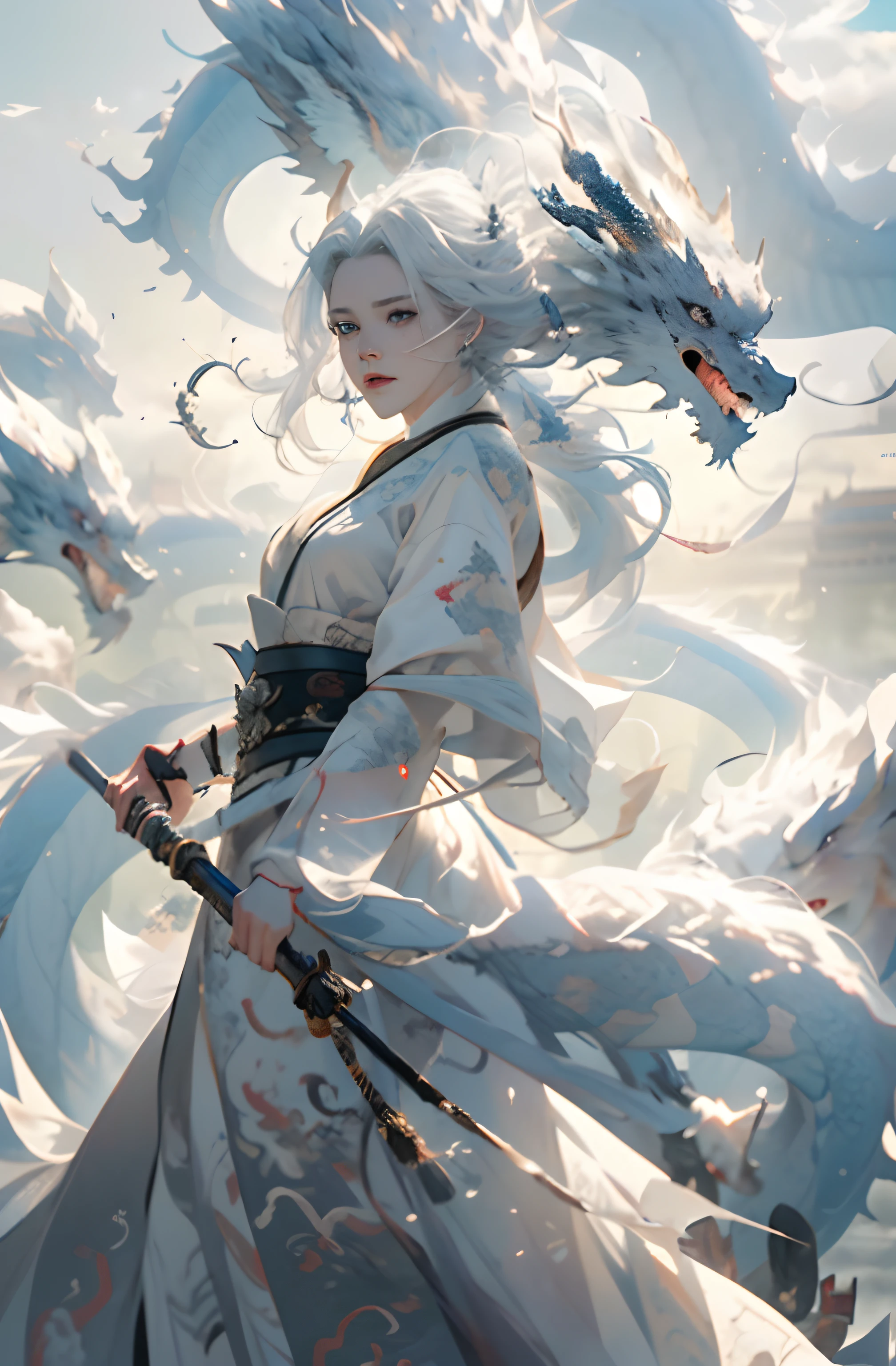Dynamic Lighting, Art Station, Poster, Volume Lighting, Very Detailed Faces, 4k Wallpaper, Award-Standing, 1 Girl with White Hair, Long Flowing Hair, Ponytail, Fringed Hair Ornament, Dynamic Perspective, White Hanfu, White Gauze Flying, Red Belt, Sexy, Traditional Chinese Ink Painting, Surrounded by Clouds and Mist, Mist, Riding a White Dragon Dragon Head, Stroking the Dragon Head, White Dragon Horns, Dynamic Perspective, Movie Lighting,