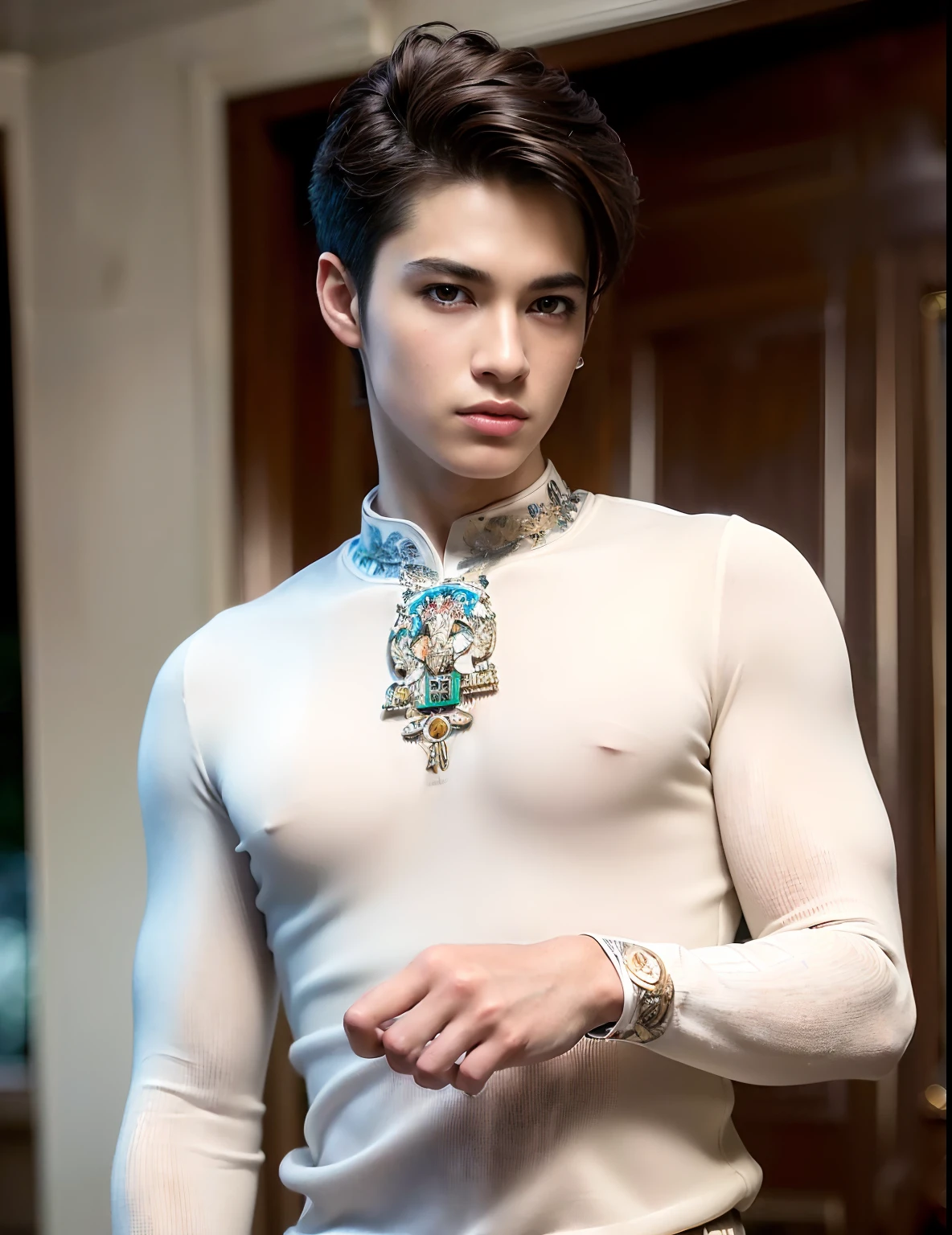 (RAW photo:1.2), ((photorealistic:1.4),(masterpiece:1.3),(best quality:1.4),ultra high res,(detailed facial features),(detailed clothes features),HDR,8k resolution, skin tight, (shiny skin),(extreme detailed illustration),1boy, 18 years old,clean,no Beard,full body,stand,