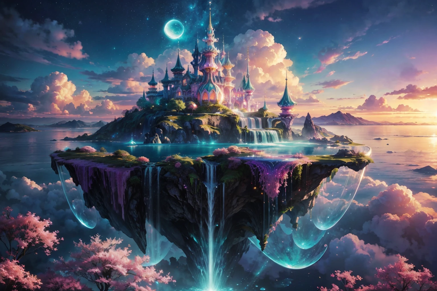Envision a mesmerizing scene of a magnificent realm of romantic dreams. The environment is filled with intricate floating islands, fluffy clouds, waterfalls cascading from the floating islands, and a vibrant, surreal atmosphere. The atmosphere is filled with a sense of wonder and tranquility. Include many shades of vibrant jewel-toned hues. This scene will be depicted in an anime-style illustration, with soft lines, pastel colors, and a whimsical touch. All buildings are extremely detailed and elegant. The artwork will capture the ethereal beauty and tranquility of the dreamlike realm, creating a sense of harmony and escape from the ordinary world. Include teal water, colorful watercolor skies, glowing elements, and many small fantasy details including iridescence, expertly created majestic landscapes, and shimmer and glimmer. Above all else, this should look like a fantasy artwork. Include lots of vibrant color and vaguely surreal details.