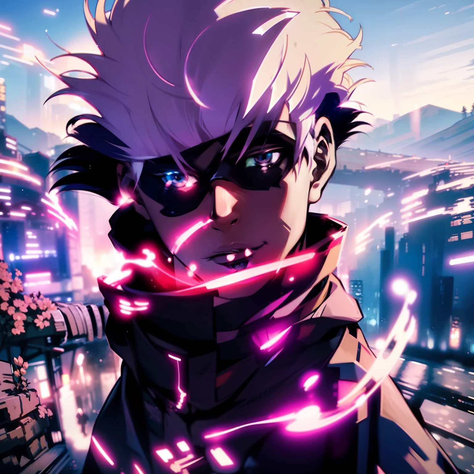 ((Best quality)), ((masterpiece)), ((realistic)), depict Satoru Gojou in his black outfit, with his vibrant blue eyes shining, engaged in a fierce battle amidst an urban cityscape at dusk. The scene should be filled with intense action and dynamic energy, showcasing the power and skill of the character. The lighting should be dramatic, with vibrant neon lights illuminating the surroundings. The artwork should be created in the style of manga, specifically inspired by the works of Hokusai. Utilize digital painting as the medium to capture the intricate details and convey the intensity of the scene. The artwork should be dynamic and action-packed, with a color scheme that includes vibrant blues, purples, and oranges. Employ cel-shaded 3D computer graphics to add depth and a unique visual style to the composition. Ensure the artwork is of high quality, with a focus on achieving a realistic portrayal of the character and his surroundings. The final result should be a scenic masterpiece that captures the essence of the intense battle featuring Satoru Gojou.