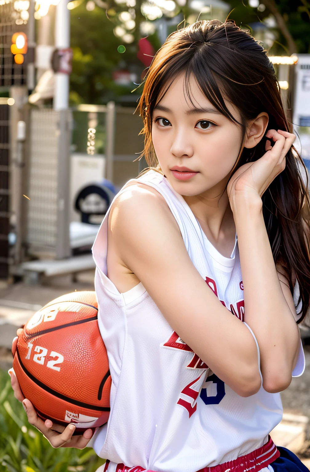 Smiling Japan woman holding basketball ball on field,